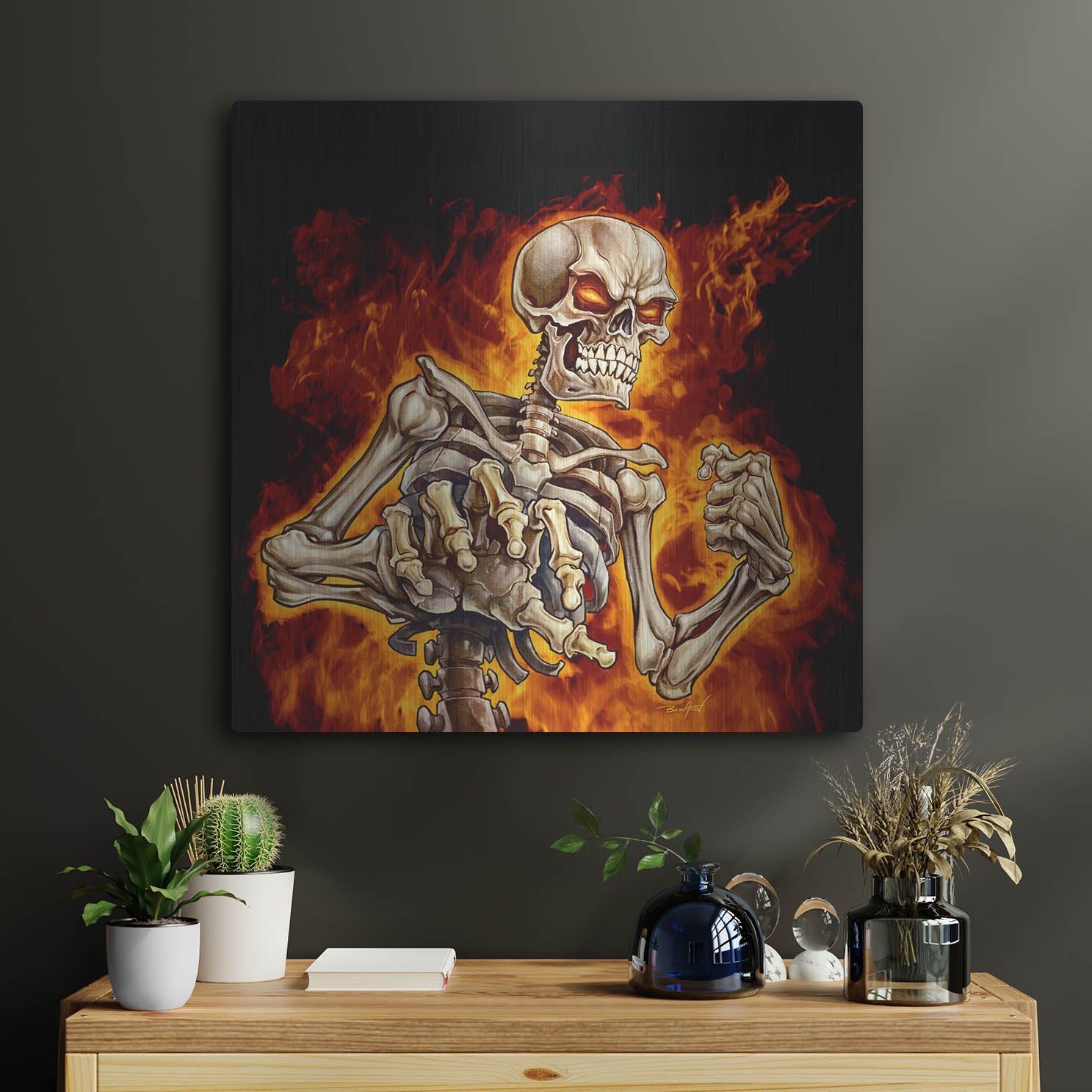 Luxe Metal Art 'Skeleton With Fire' by Flyland Designs, Metal Wall Art,24x24