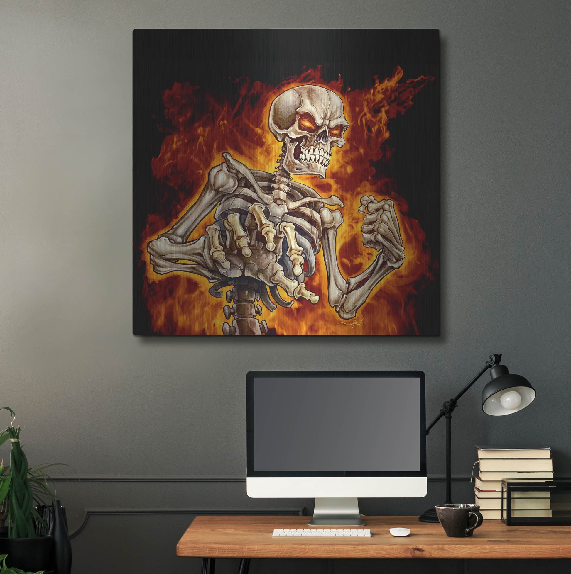 Luxe Metal Art 'Skeleton With Fire' by Flyland Designs, Metal Wall Art,36x36