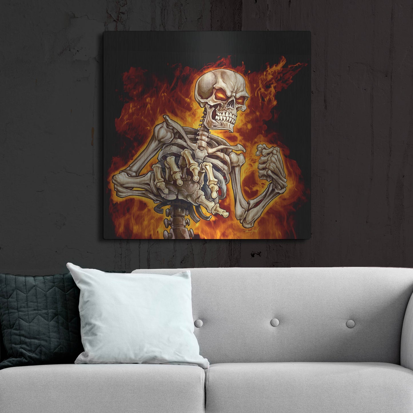 Luxe Metal Art 'Skeleton With Fire' by Flyland Designs, Metal Wall Art,36x36