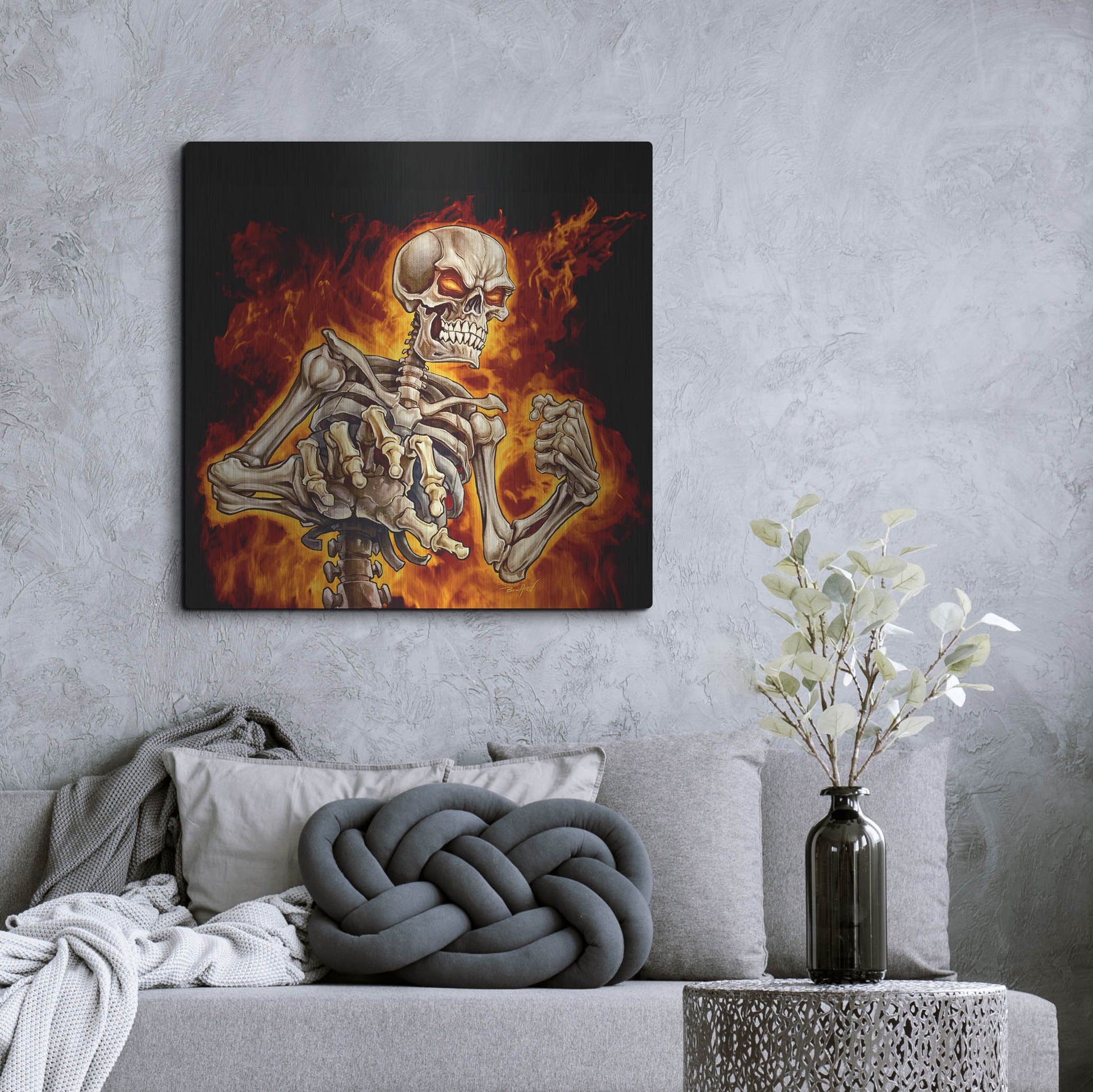 Luxe Metal Art 'Skeleton With Fire' by Flyland Designs, Metal Wall Art,36x36