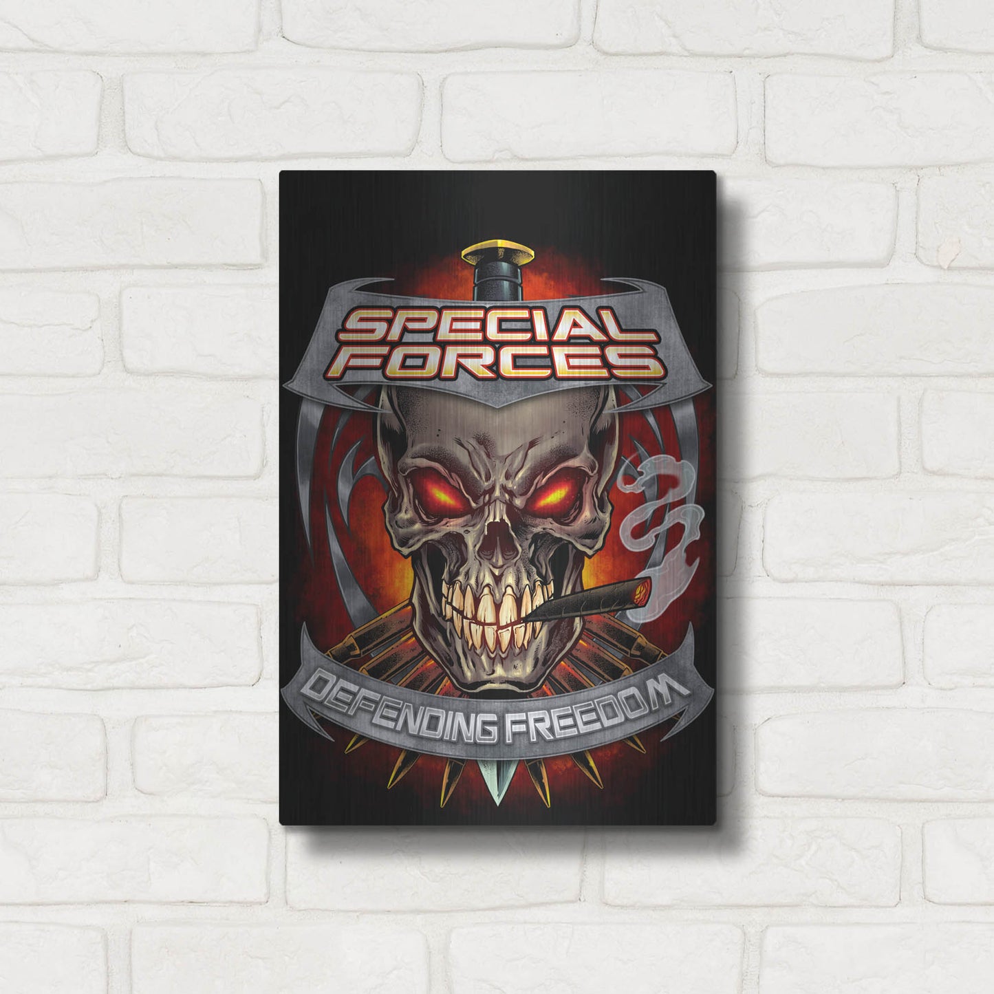 Luxe Metal Art 'Skull And Bullets Crest' by Flyland Designs, Metal Wall Art,12x16