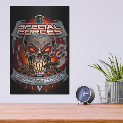 Luxe Metal Art 'Skull And Bullets Crest' by Flyland Designs, Metal Wall Art,12x16