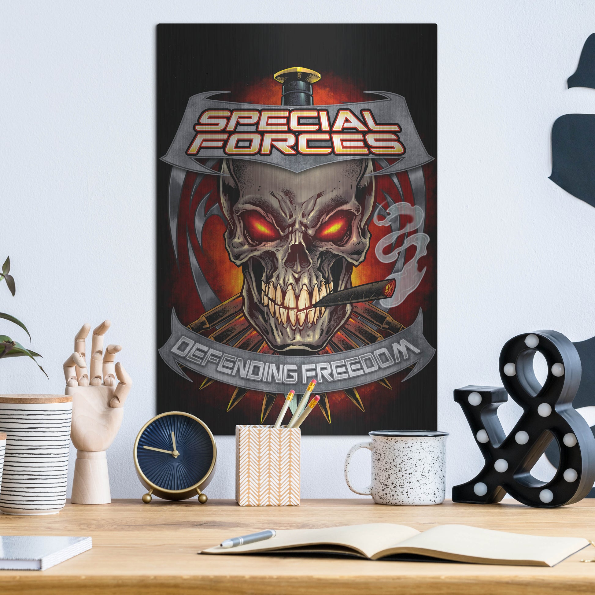 Luxe Metal Art 'Skull And Bullets Crest' by Flyland Designs, Metal Wall Art,12x16