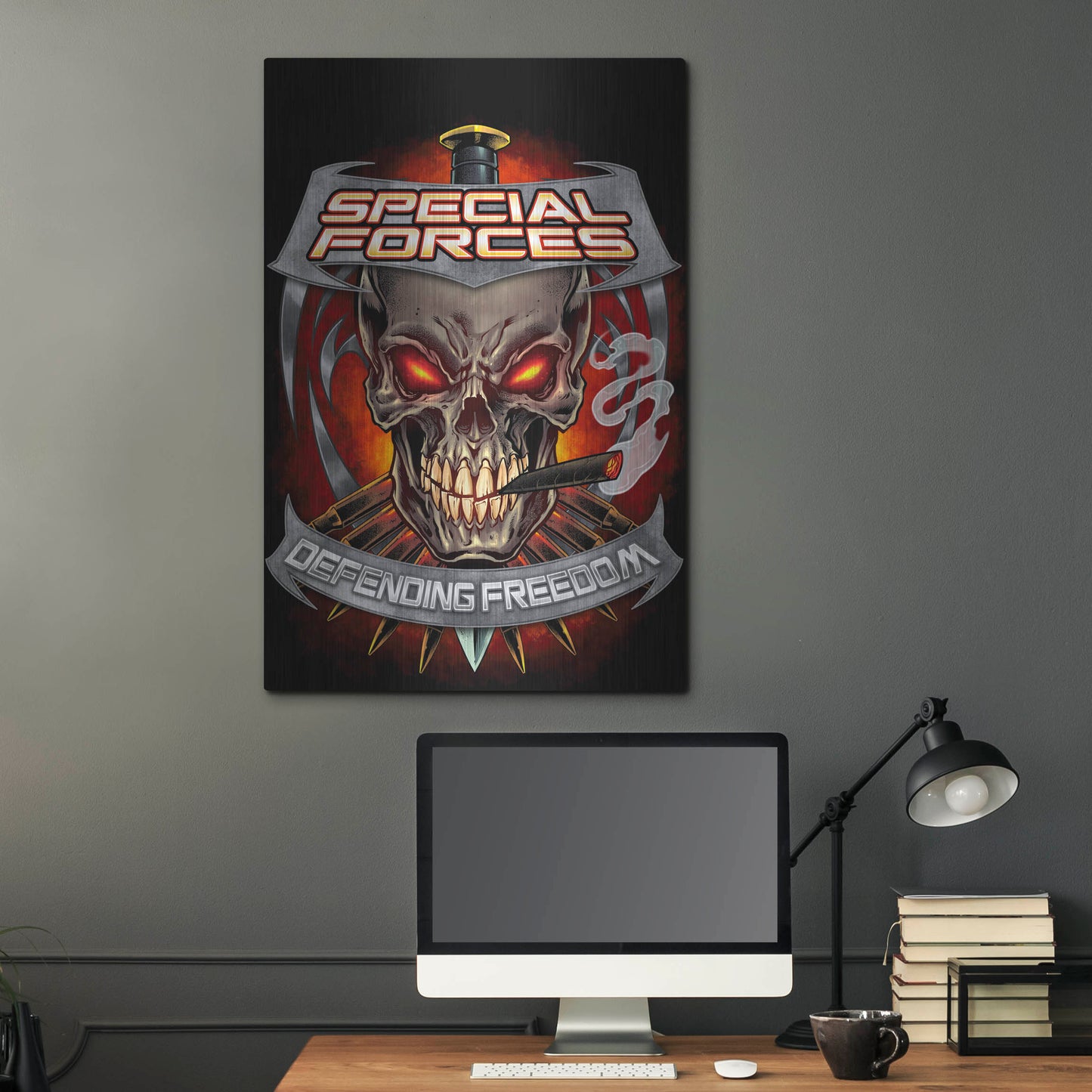 Luxe Metal Art 'Skull And Bullets Crest' by Flyland Designs, Metal Wall Art,24x36