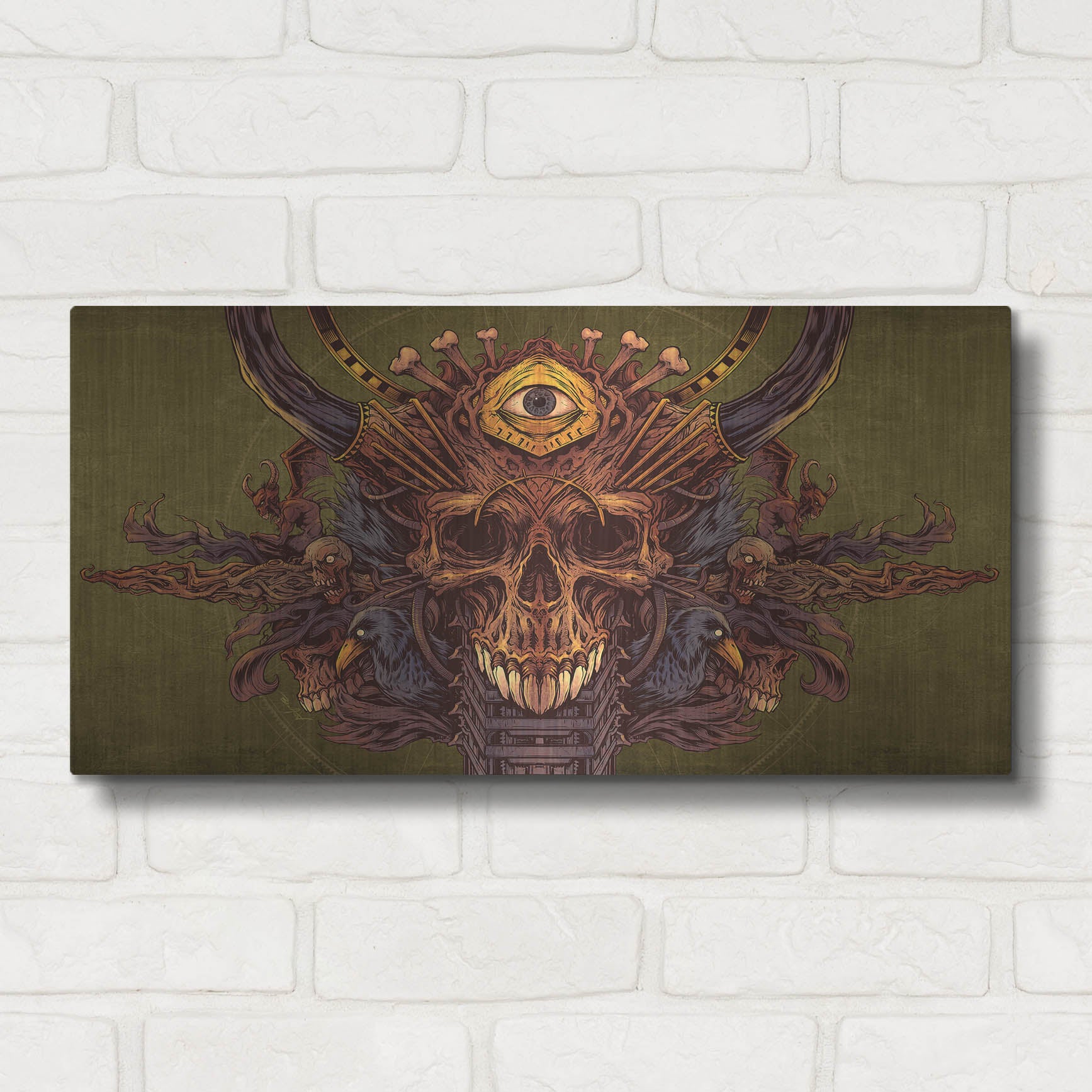 Luxe Metal Art 'Skull And Pyramid Eye' by Flyland Designs, Metal Wall Art,24x12