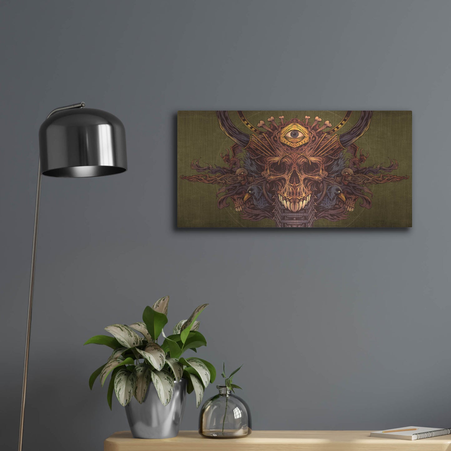 Luxe Metal Art 'Skull And Pyramid Eye' by Flyland Designs, Metal Wall Art,24x12