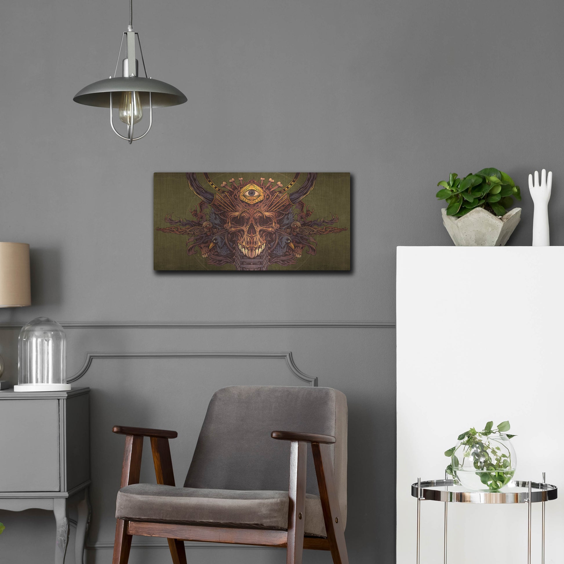 Luxe Metal Art 'Skull And Pyramid Eye' by Flyland Designs, Metal Wall Art,24x12