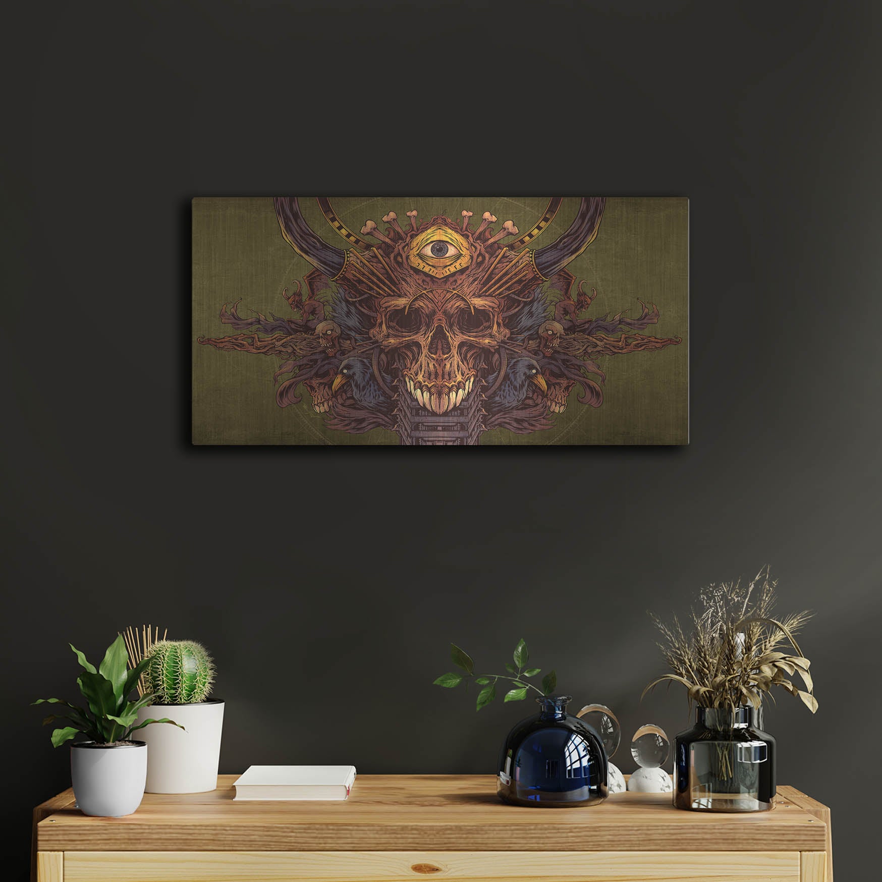 Luxe Metal Art 'Skull And Pyramid Eye' by Flyland Designs, Metal Wall Art,24x12