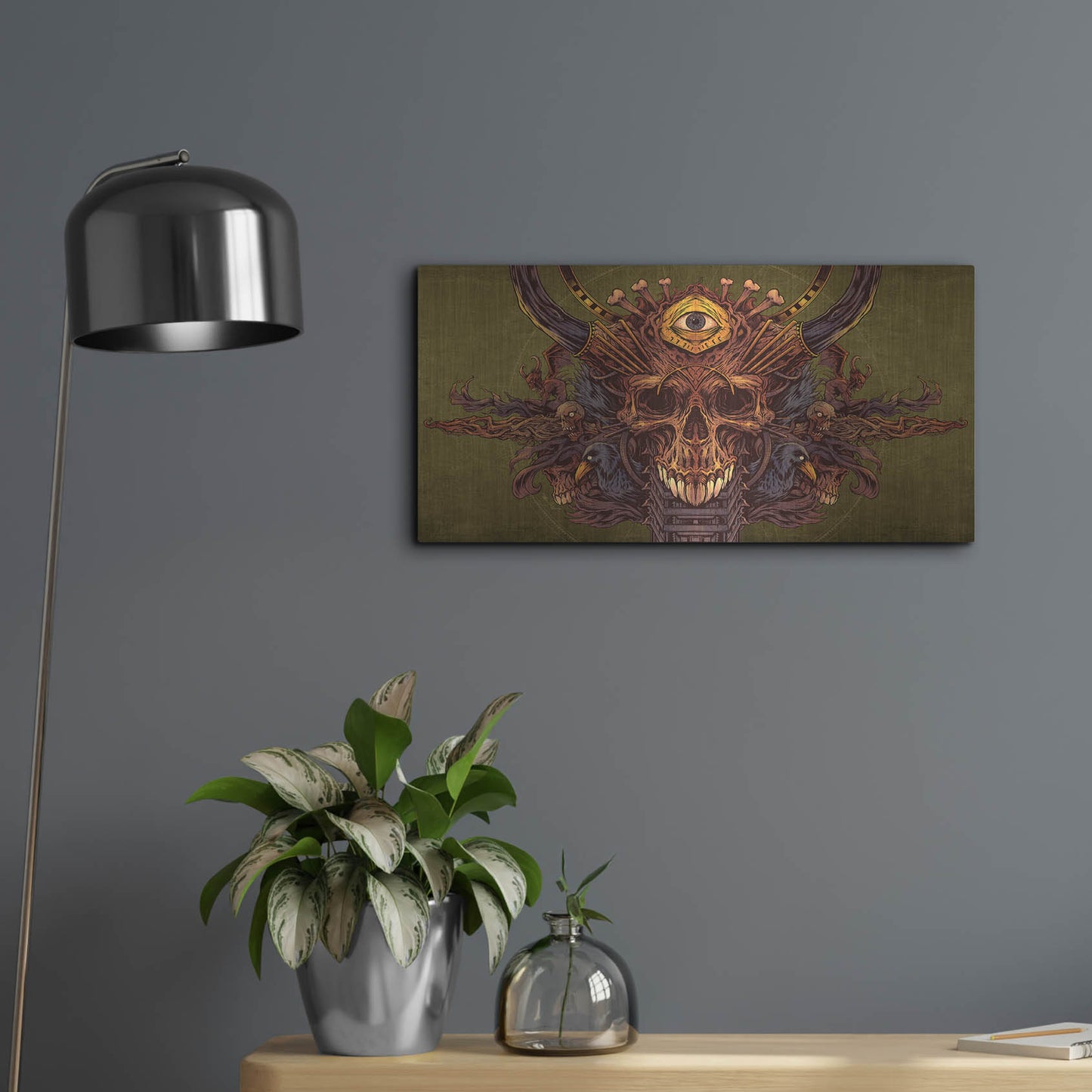 Luxe Metal Art 'Skull And Pyramid Eye' by Flyland Designs, Metal Wall Art,24x12