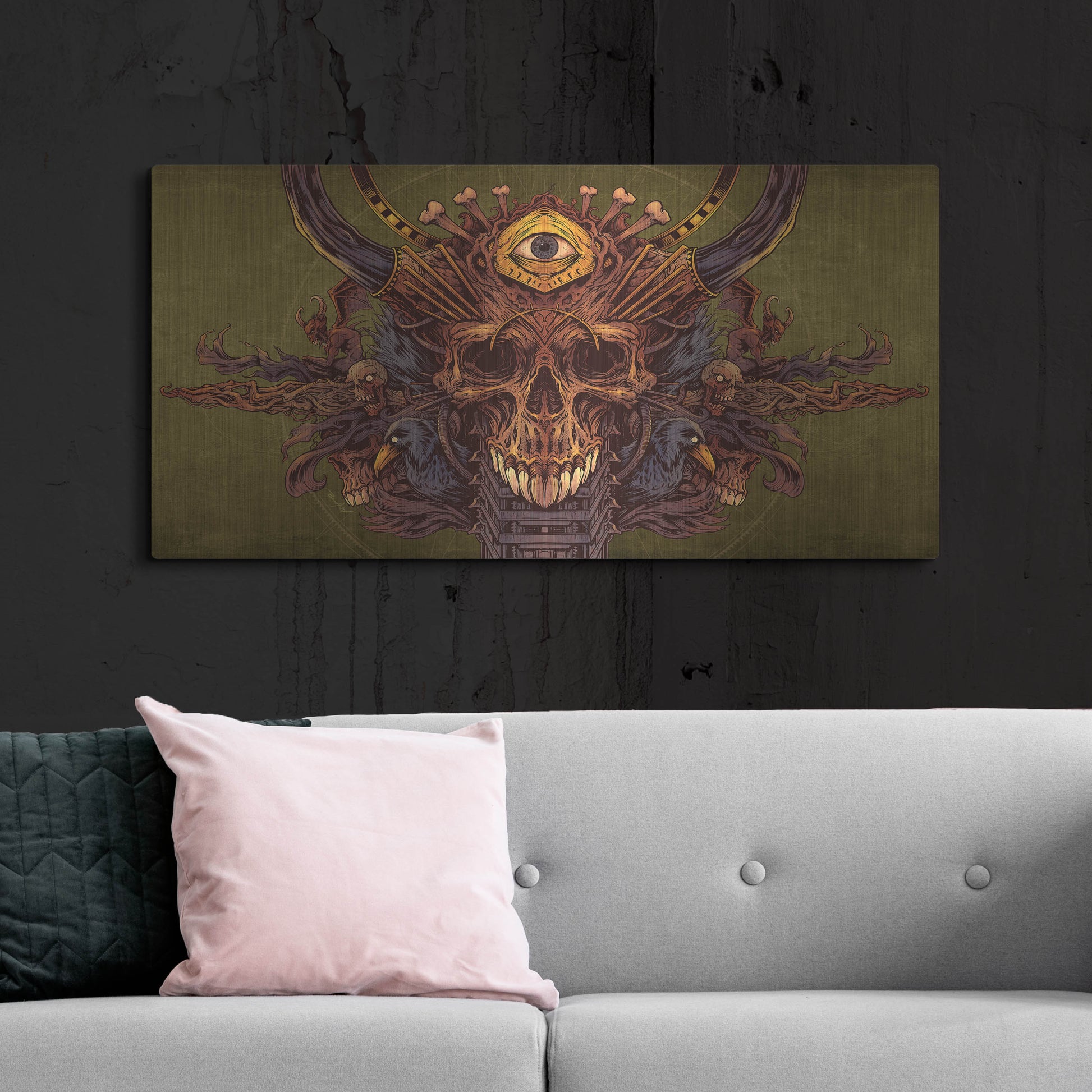 Luxe Metal Art 'Skull And Pyramid Eye' by Flyland Designs, Metal Wall Art,48x24