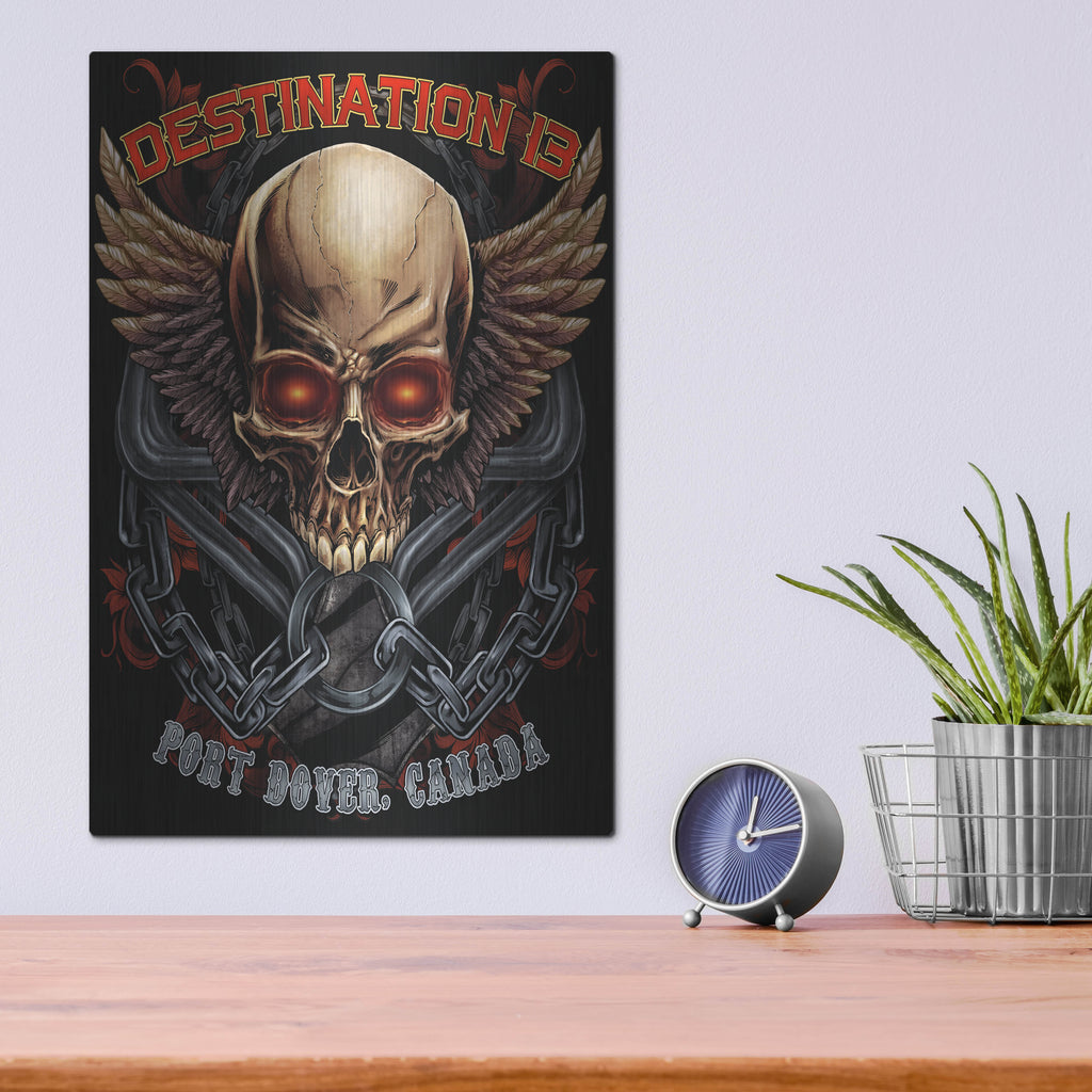 Luxe Metal Art 'Skull And Wings With Text' by Flyland Designs, Metal Wall Art,12x16