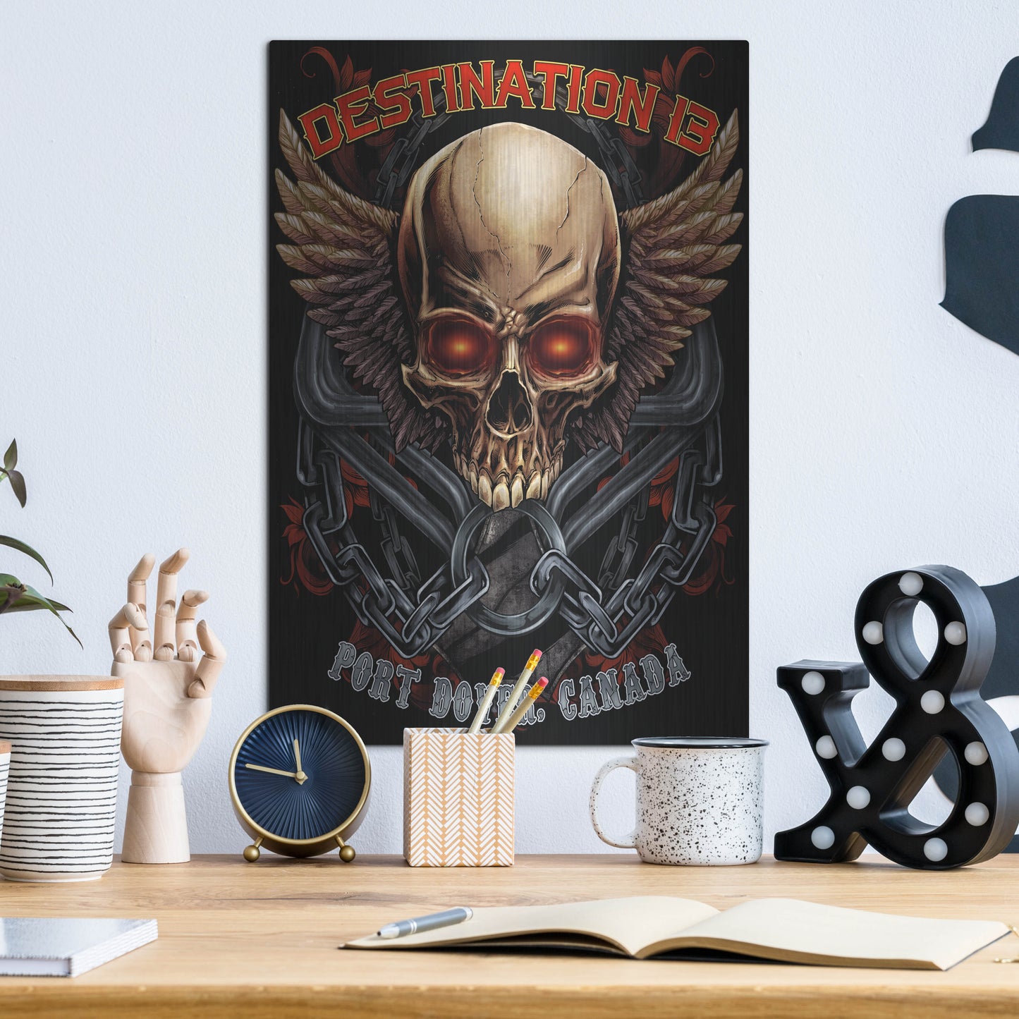 Luxe Metal Art 'Skull And Wings With Text' by Flyland Designs, Metal Wall Art,12x16