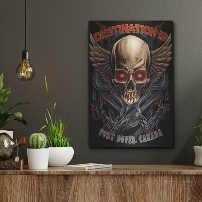 Luxe Metal Art 'Skull And Wings With Text' by Flyland Designs, Metal Wall Art,12x16