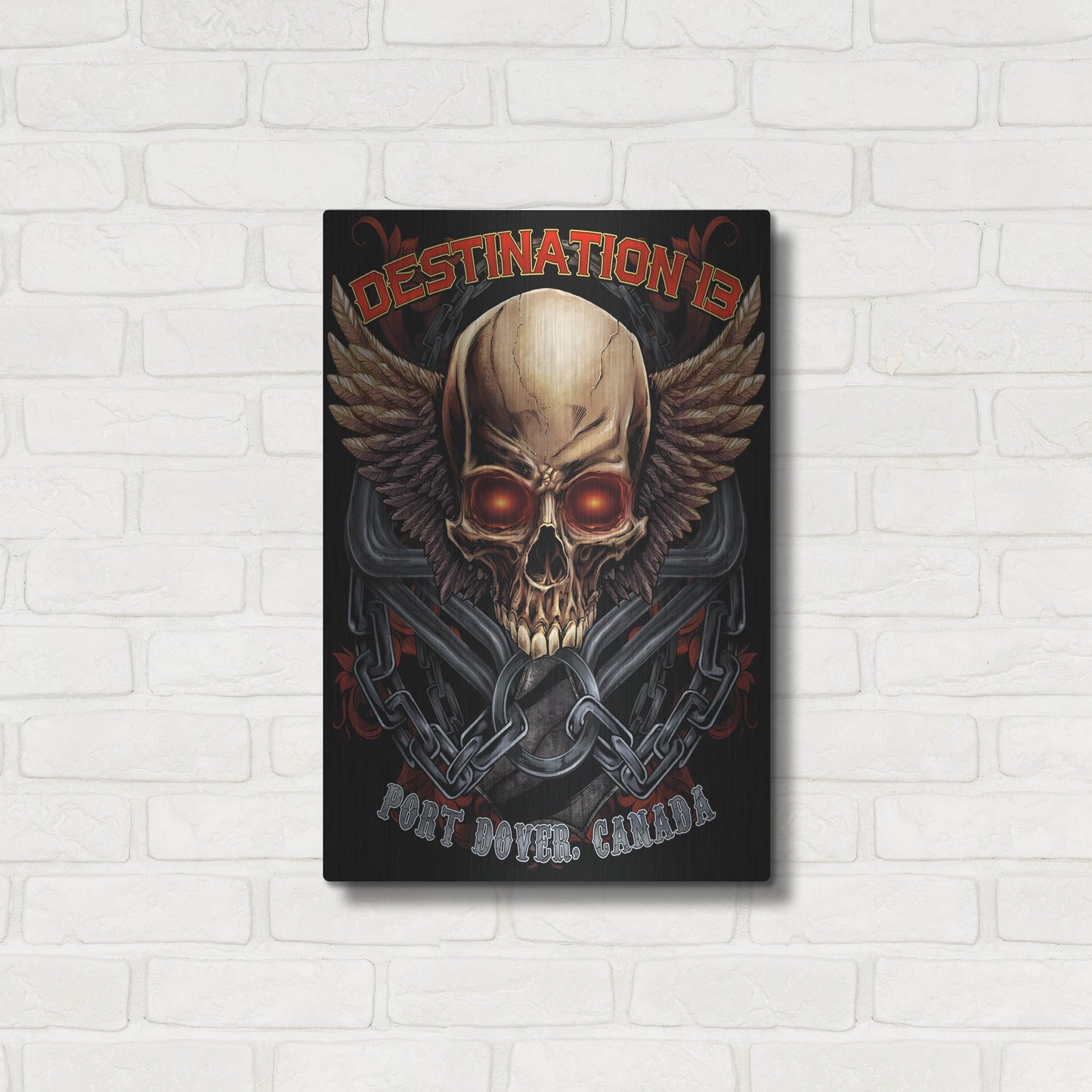 Luxe Metal Art 'Skull And Wings With Text' by Flyland Designs, Metal Wall Art,16x24