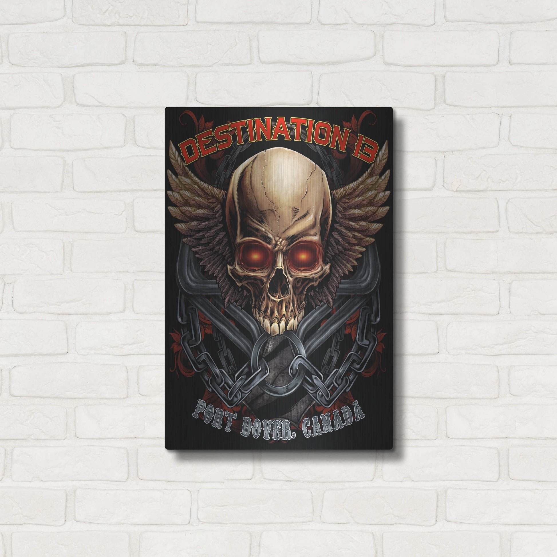 Luxe Metal Art 'Skull And Wings With Text' by Flyland Designs, Metal Wall Art,16x24