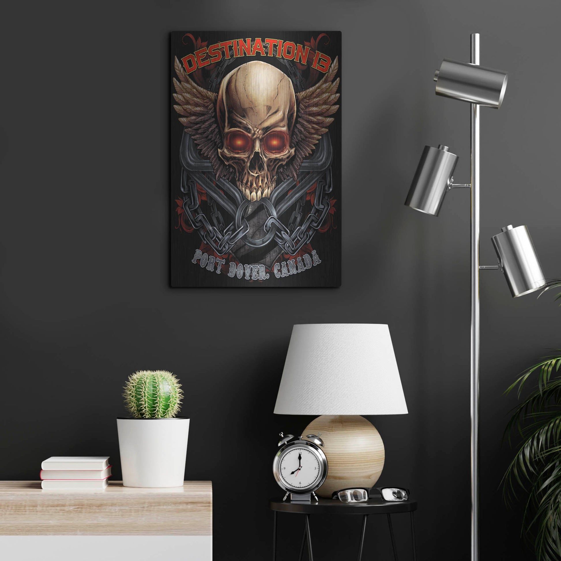 Luxe Metal Art 'Skull And Wings With Text' by Flyland Designs, Metal Wall Art,16x24