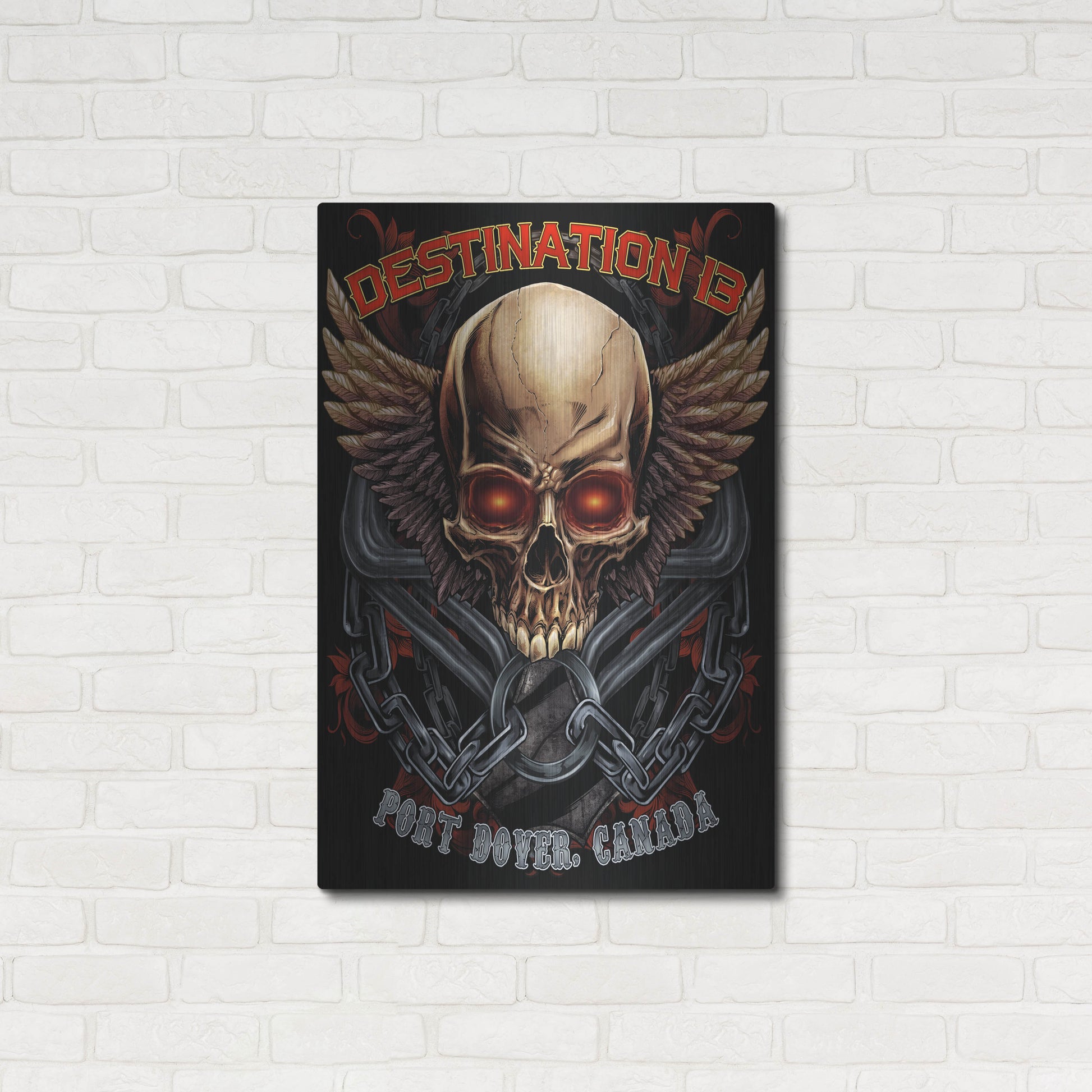 Luxe Metal Art 'Skull And Wings With Text' by Flyland Designs, Metal Wall Art,24x36