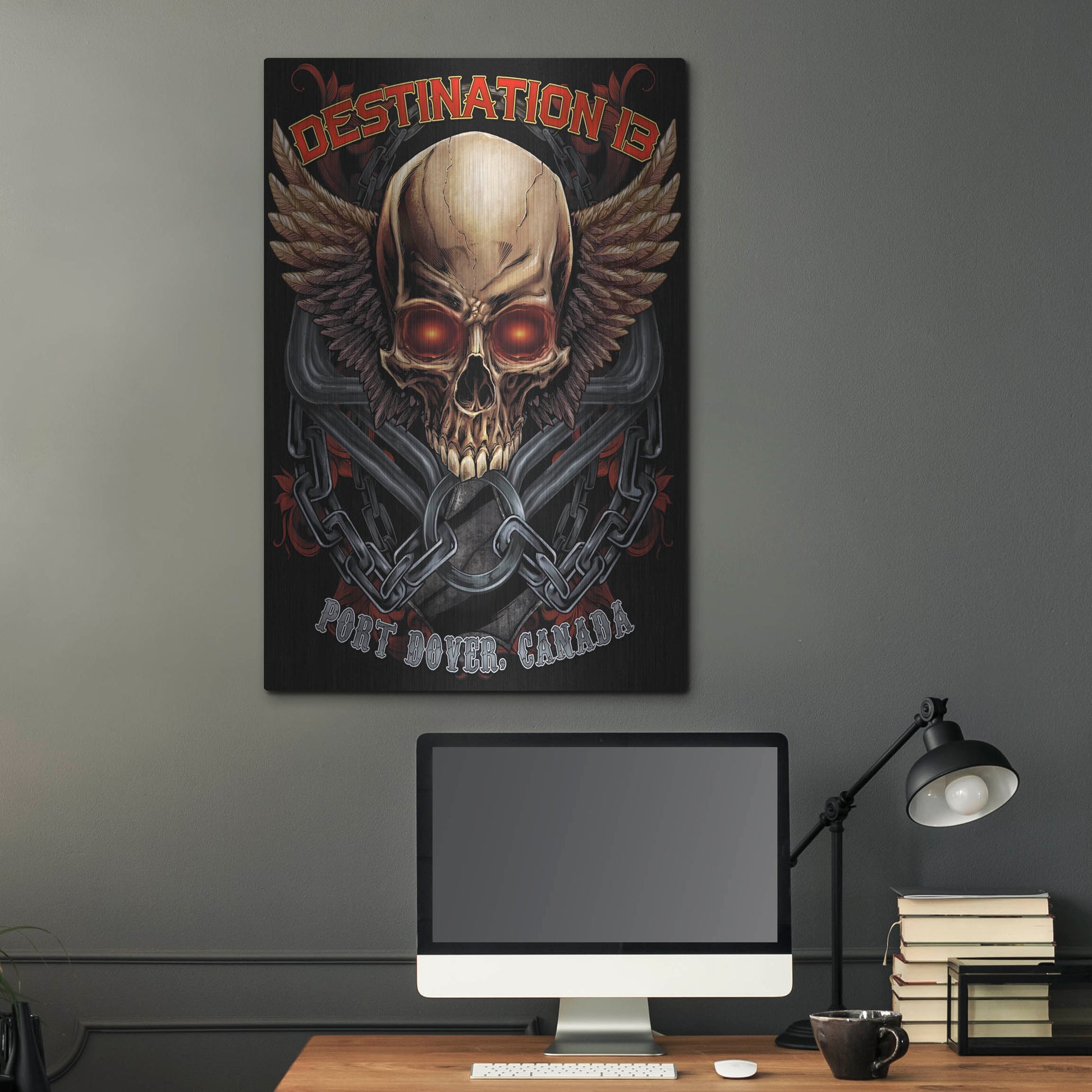 Luxe Metal Art 'Skull And Wings With Text' by Flyland Designs, Metal Wall Art,24x36