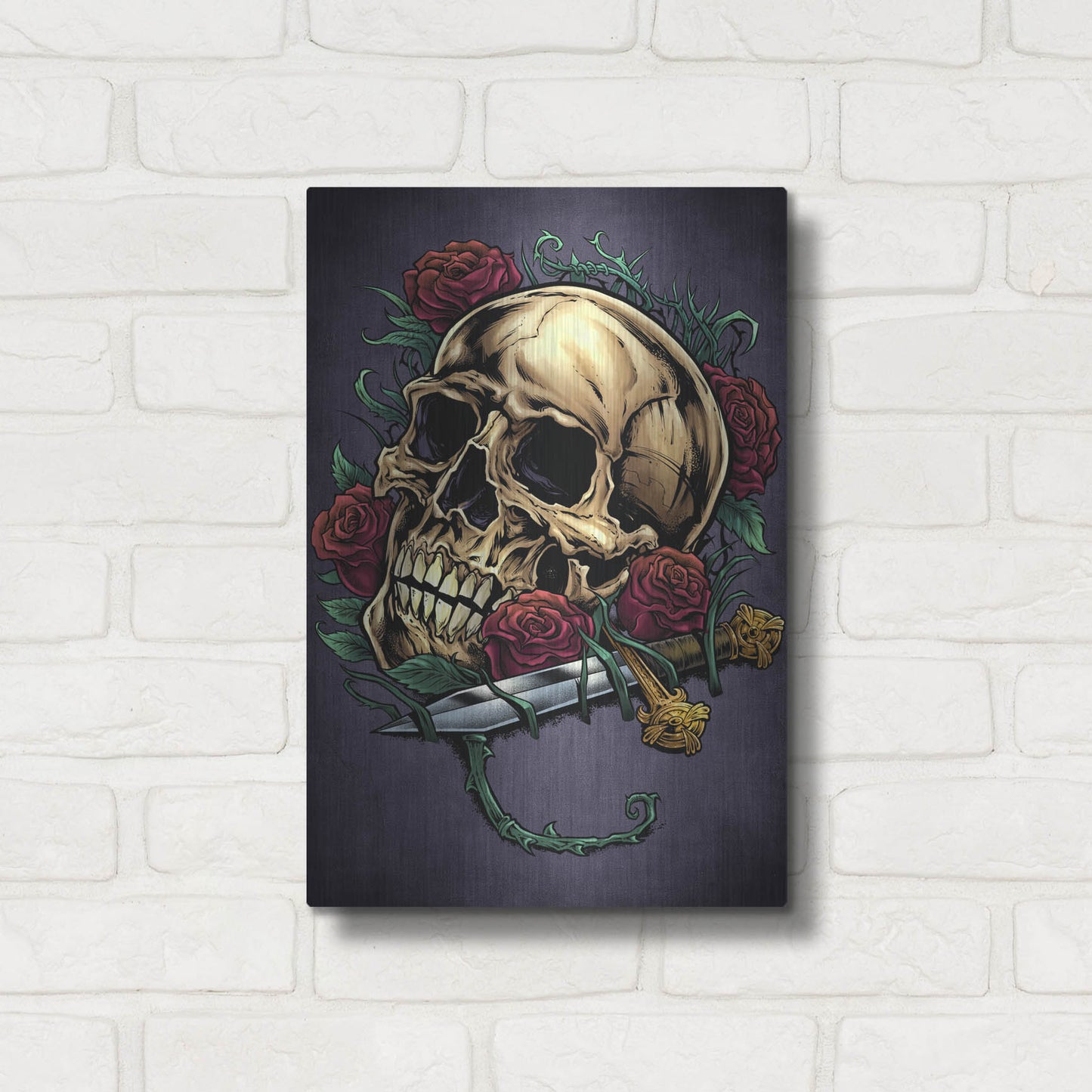 Luxe Metal Art 'Skull, Roses, And Dagger' by Flyland Designs, Metal Wall Art,12x16