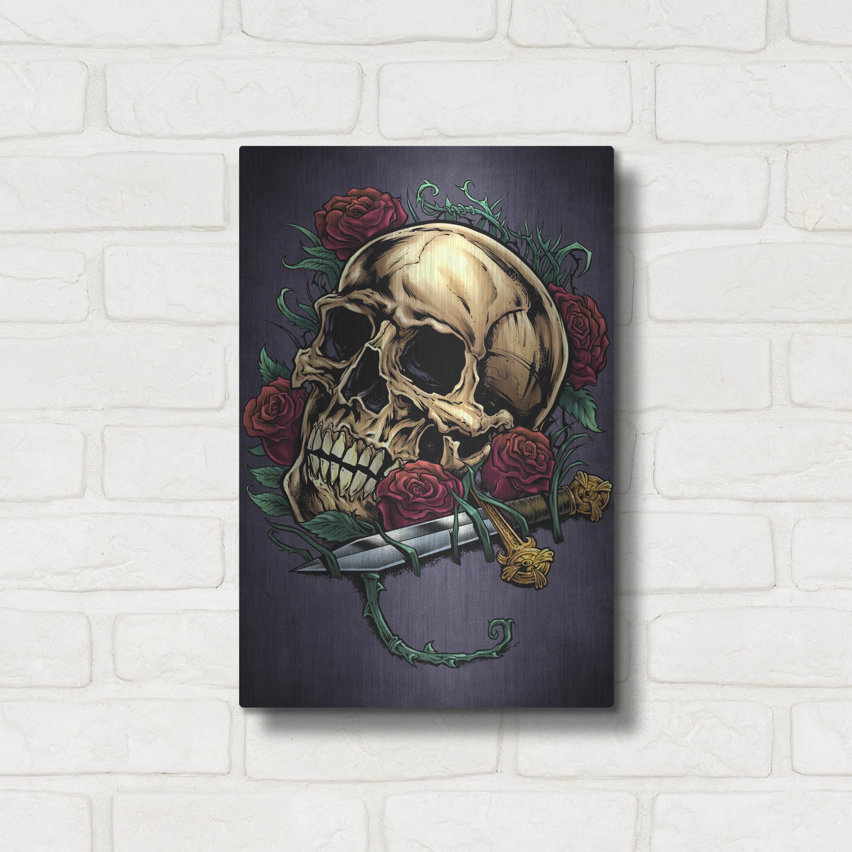 Luxe Metal Art 'Skull, Roses, And Dagger' by Flyland Designs, Metal Wall Art,12x16