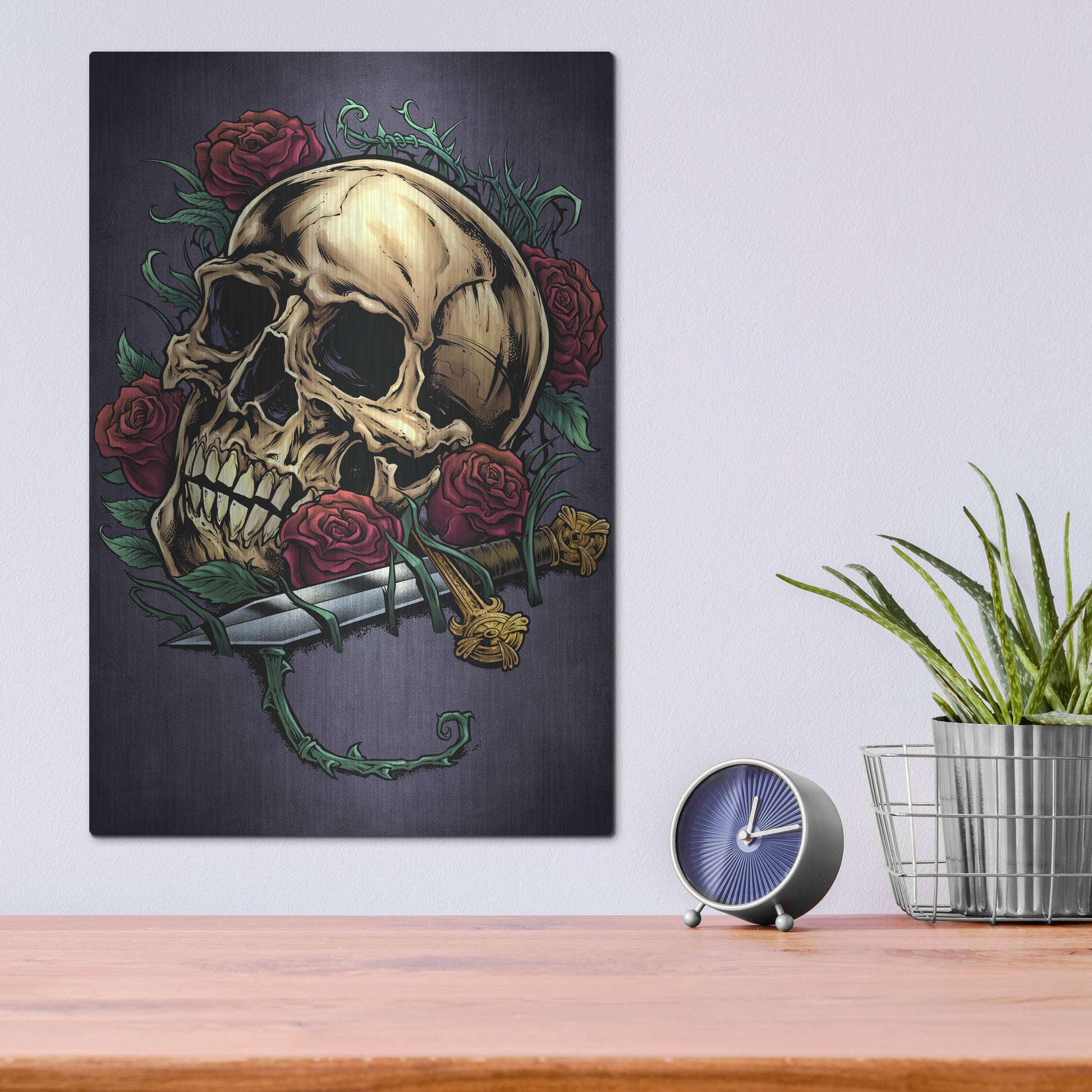 Luxe Metal Art 'Skull, Roses, And Dagger' by Flyland Designs, Metal Wall Art,12x16
