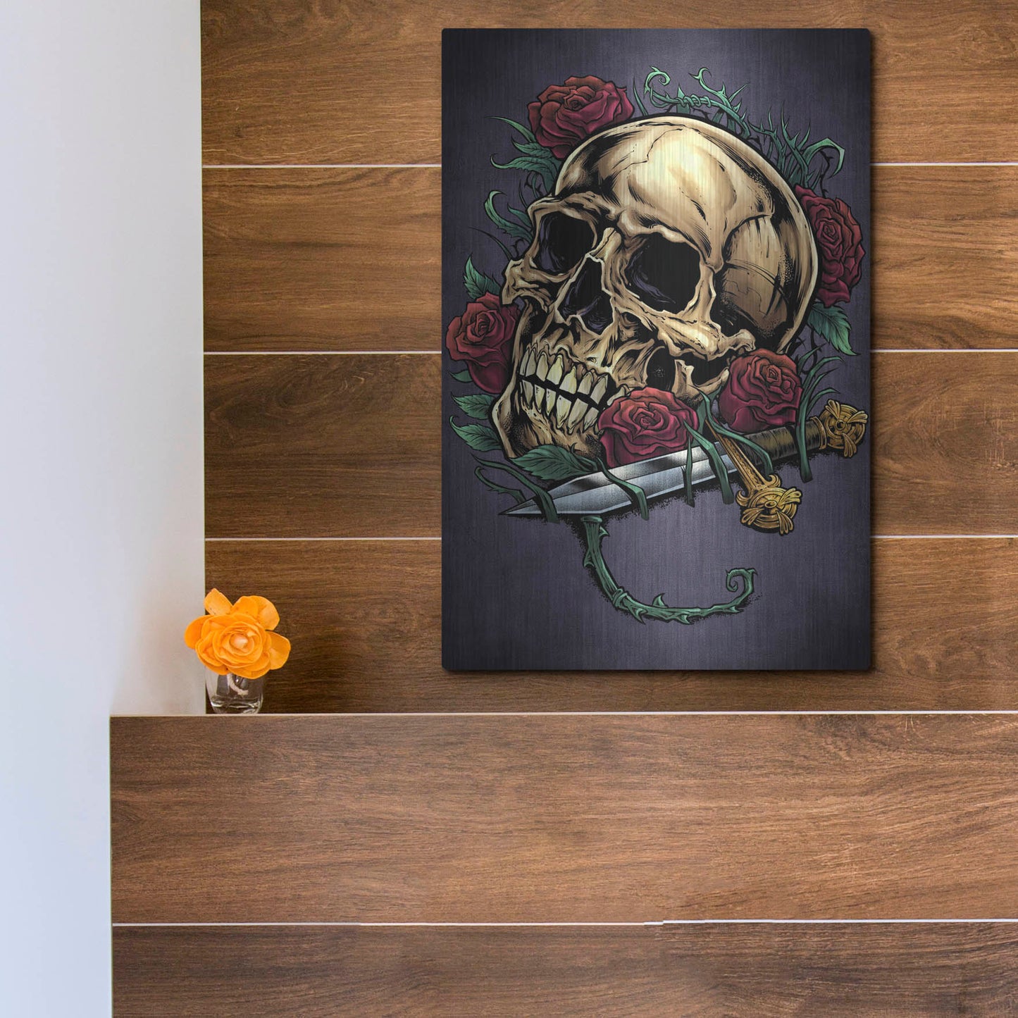 Luxe Metal Art 'Skull, Roses, And Dagger' by Flyland Designs, Metal Wall Art,12x16