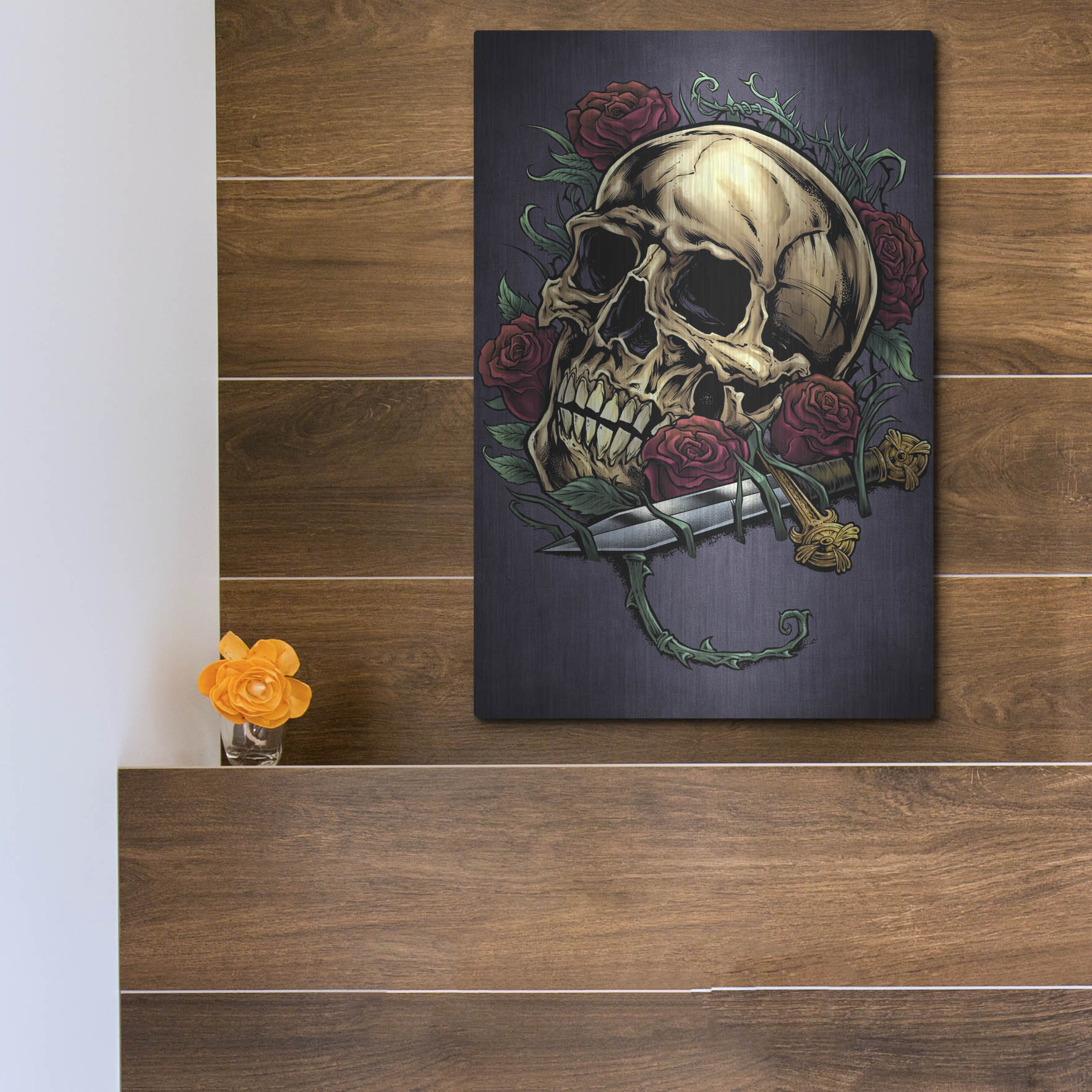 Luxe Metal Art 'Skull, Roses, And Dagger' by Flyland Designs, Metal Wall Art,12x16