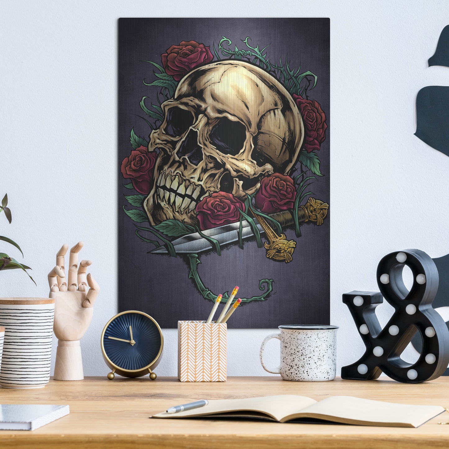 Luxe Metal Art 'Skull, Roses, And Dagger' by Flyland Designs, Metal Wall Art,12x16