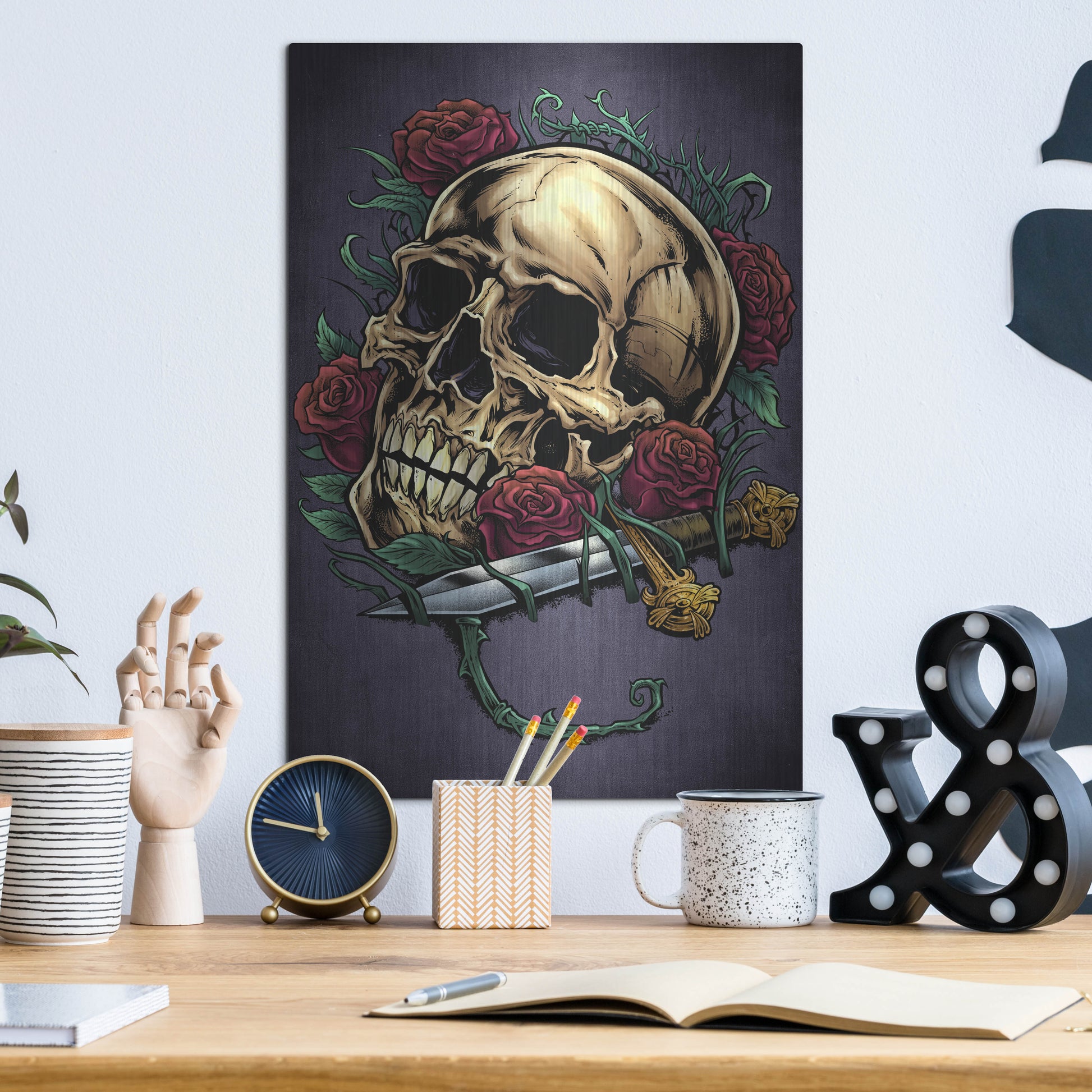 Luxe Metal Art 'Skull, Roses, And Dagger' by Flyland Designs, Metal Wall Art,12x16