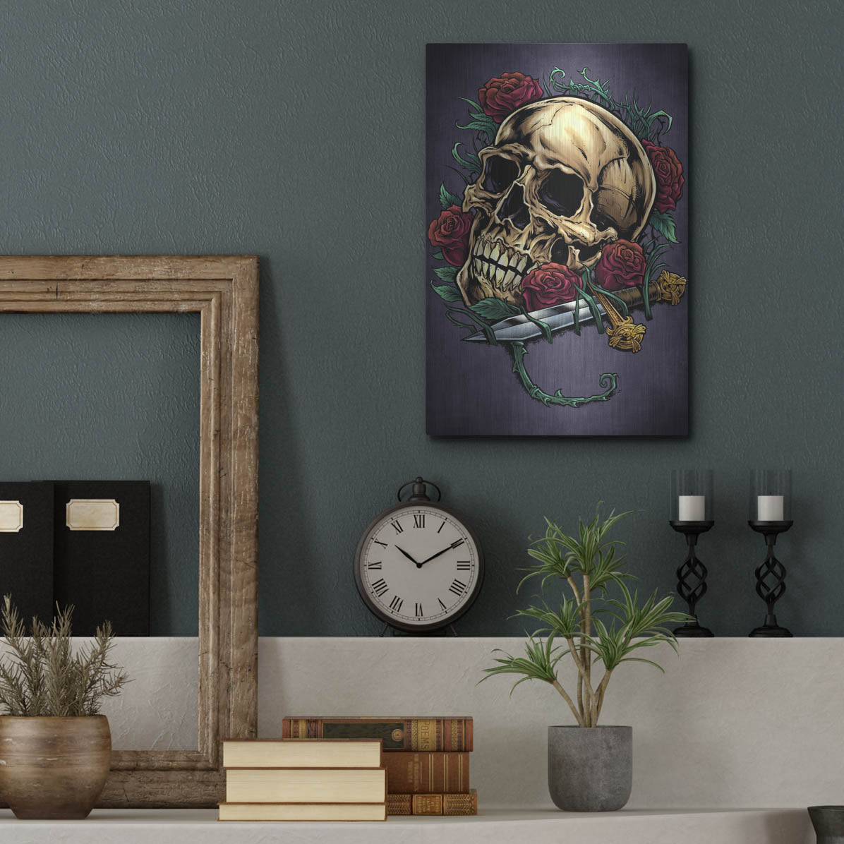 Luxe Metal Art 'Skull, Roses, And Dagger' by Flyland Designs, Metal Wall Art,12x16
