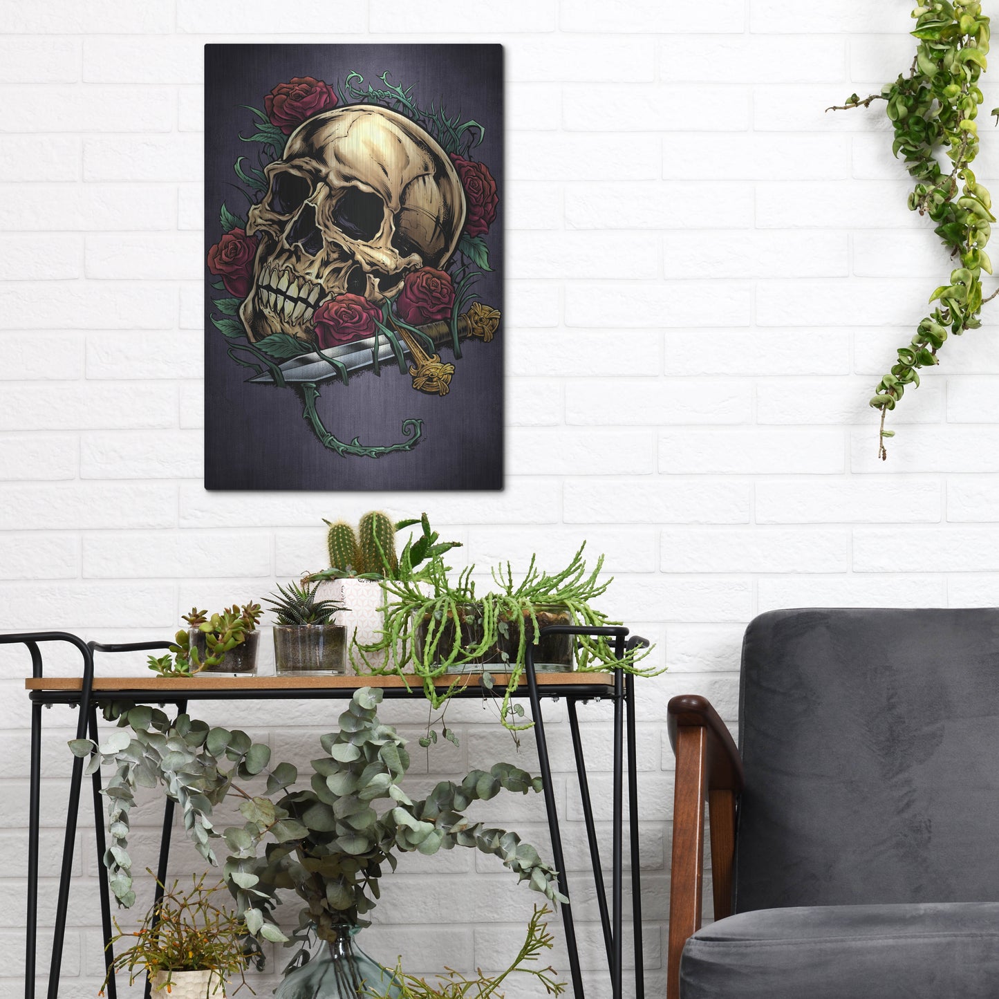 Luxe Metal Art 'Skull, Roses, And Dagger' by Flyland Designs, Metal Wall Art,12x16
