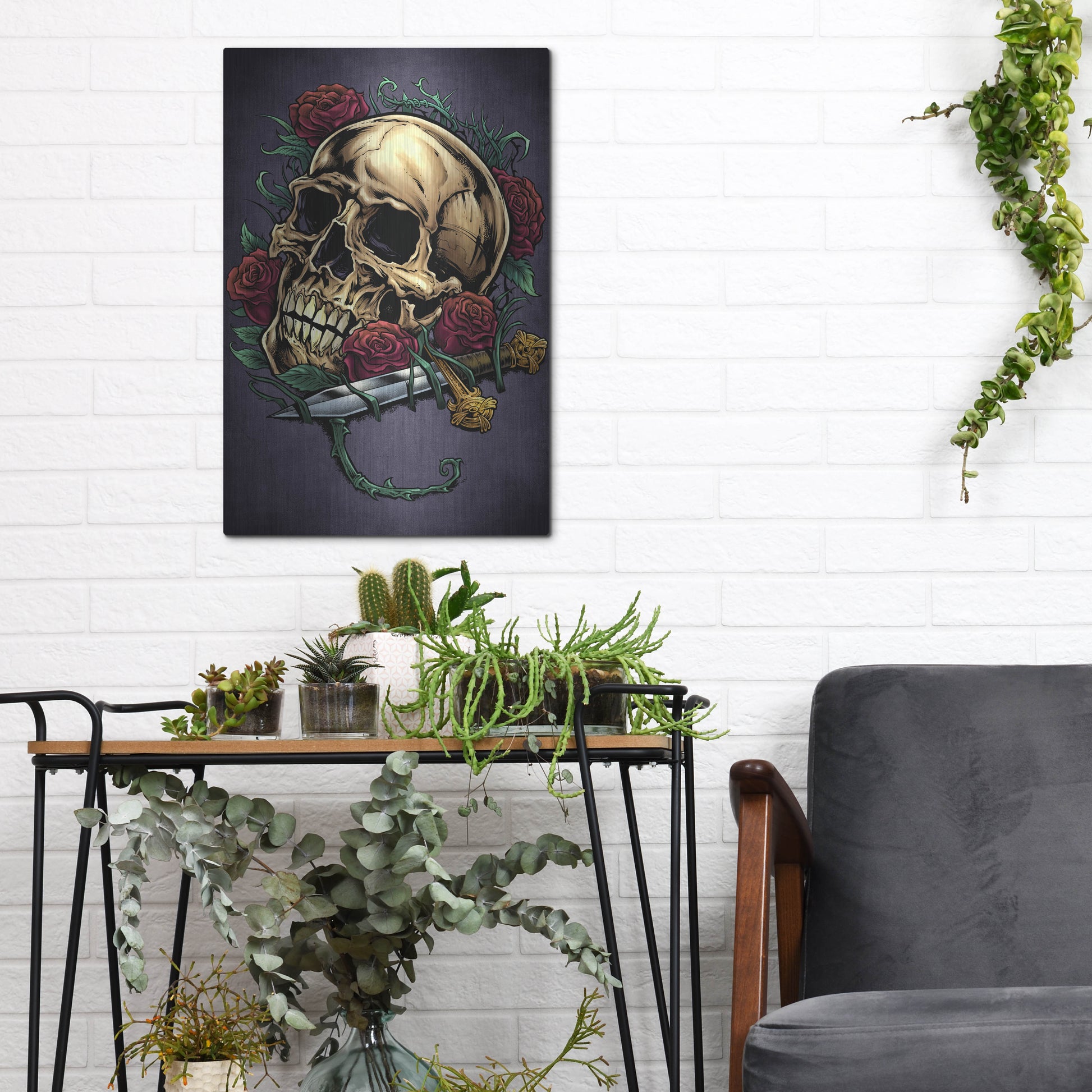 Luxe Metal Art 'Skull, Roses, And Dagger' by Flyland Designs, Metal Wall Art,12x16