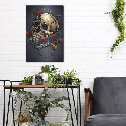 Luxe Metal Art 'Skull, Roses, And Dagger' by Flyland Designs, Metal Wall Art,12x16