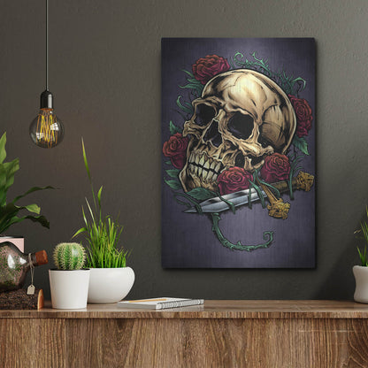 Luxe Metal Art 'Skull, Roses, And Dagger' by Flyland Designs, Metal Wall Art,12x16