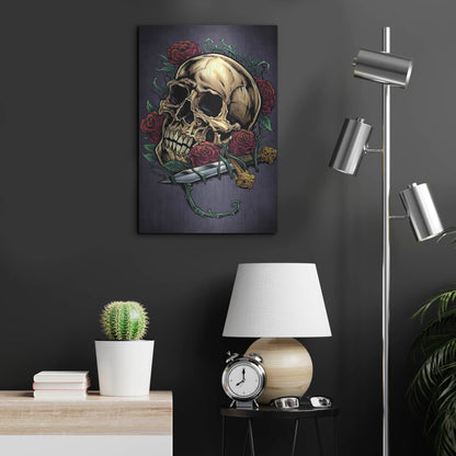 Luxe Metal Art 'Skull, Roses, And Dagger' by Flyland Designs, Metal Wall Art,16x24