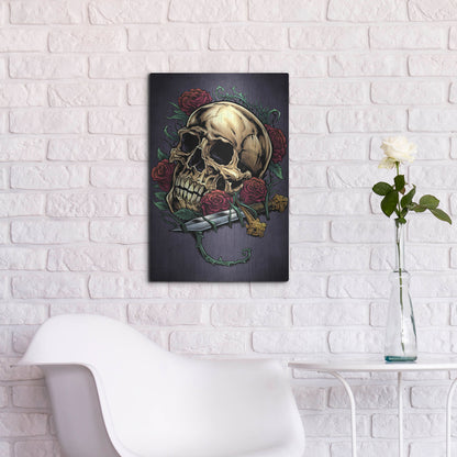 Luxe Metal Art 'Skull, Roses, And Dagger' by Flyland Designs, Metal Wall Art,16x24