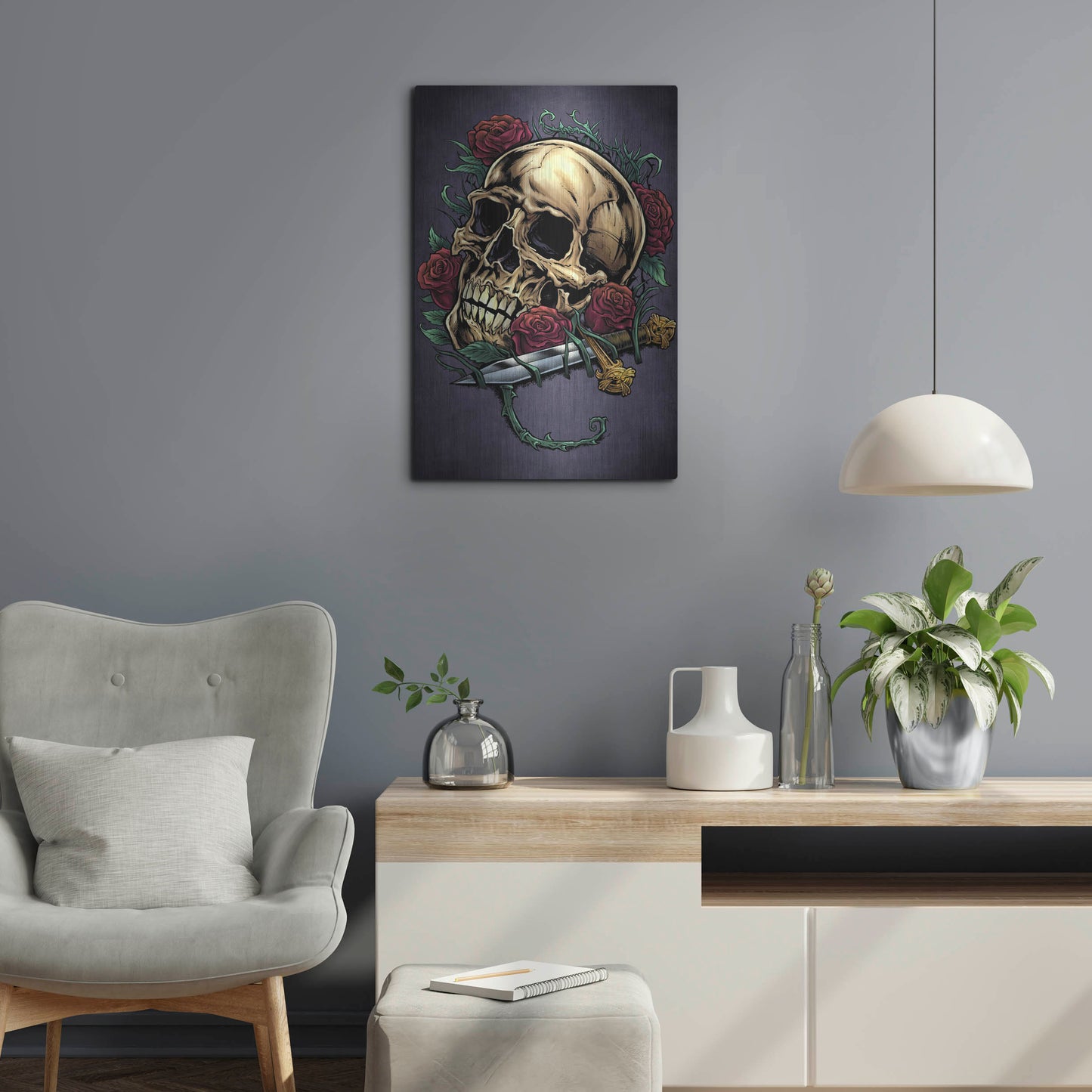 Luxe Metal Art 'Skull, Roses, And Dagger' by Flyland Designs, Metal Wall Art,16x24