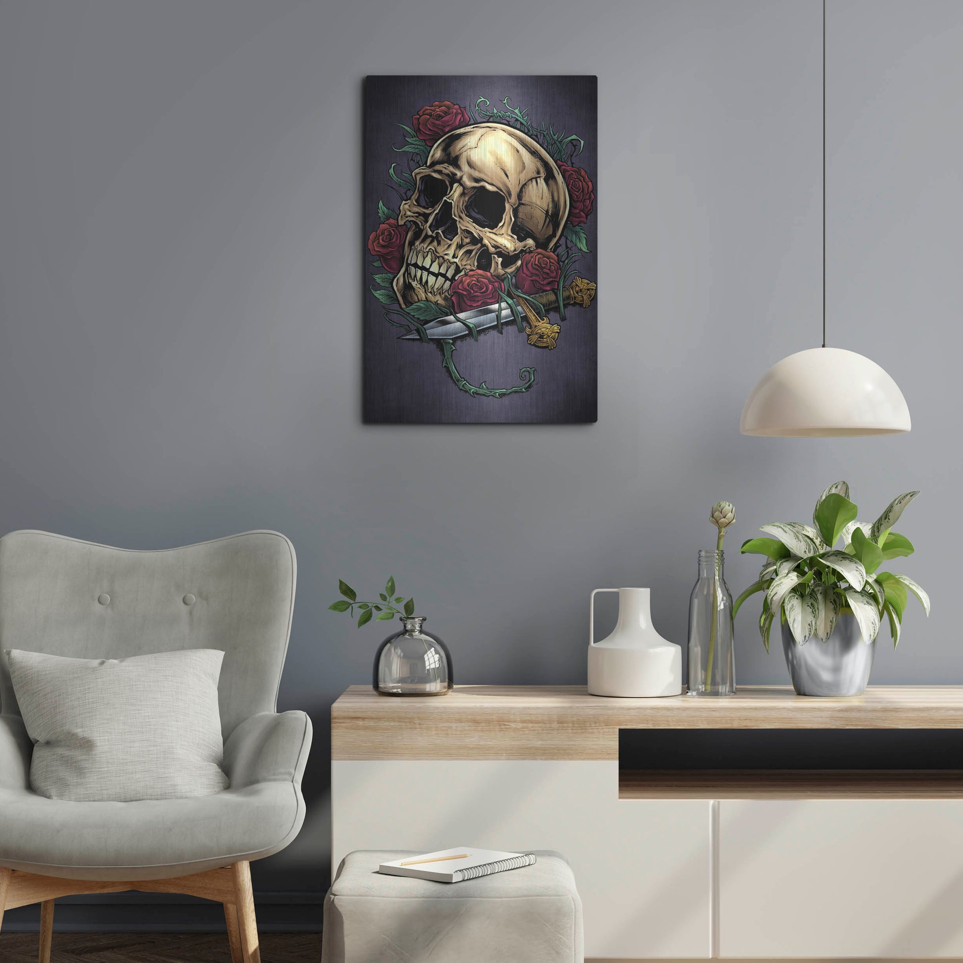 Luxe Metal Art 'Skull, Roses, And Dagger' by Flyland Designs, Metal Wall Art,16x24