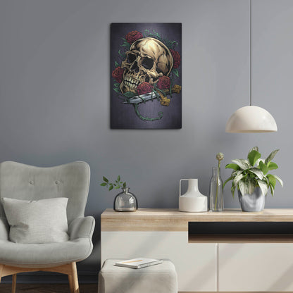 Luxe Metal Art 'Skull, Roses, And Dagger' by Flyland Designs, Metal Wall Art,16x24