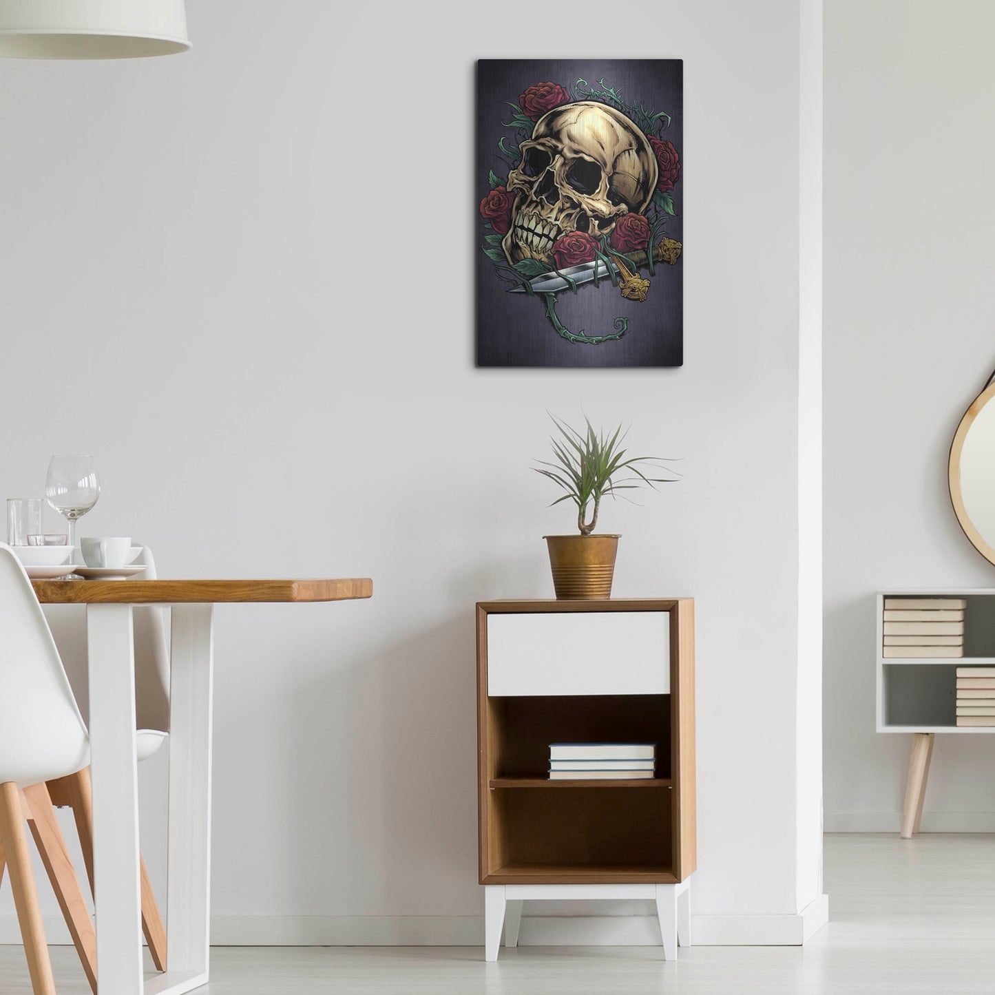 Luxe Metal Art 'Skull, Roses, And Dagger' by Flyland Designs, Metal Wall Art,16x24