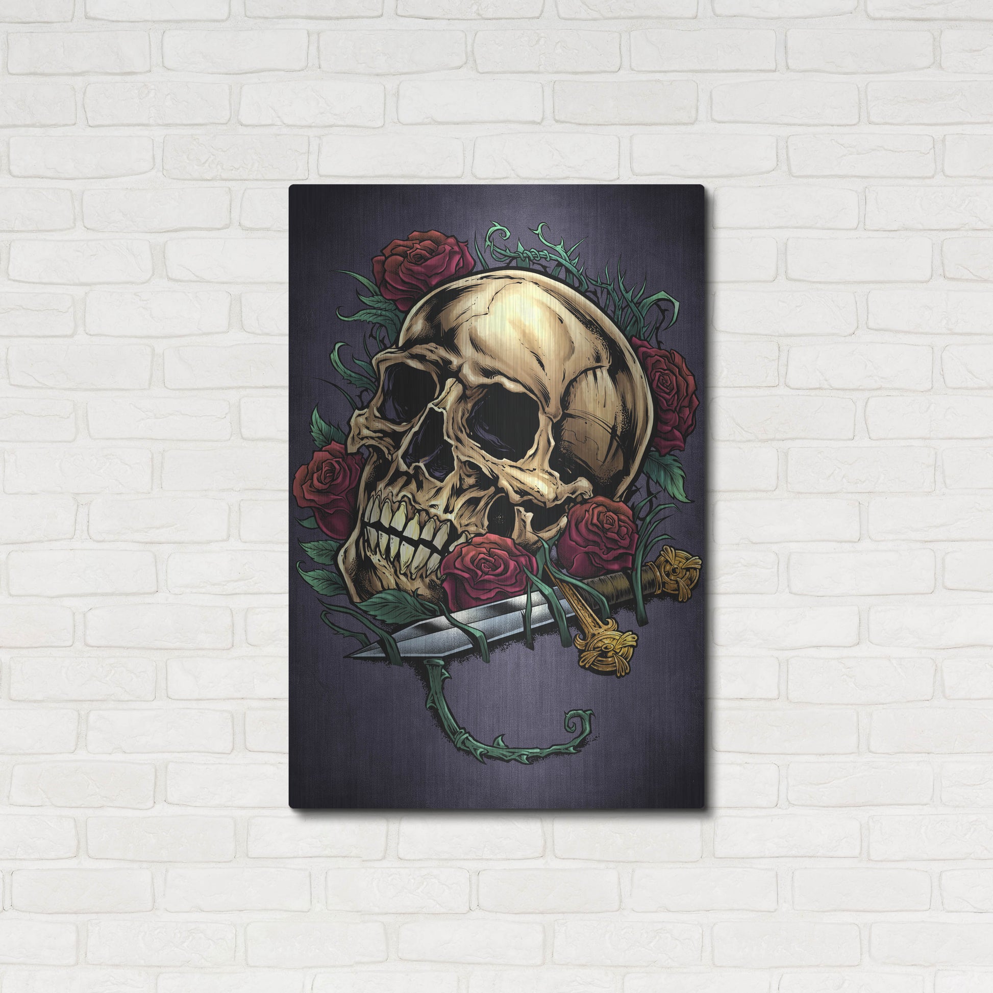 Luxe Metal Art 'Skull, Roses, And Dagger' by Flyland Designs, Metal Wall Art,24x36