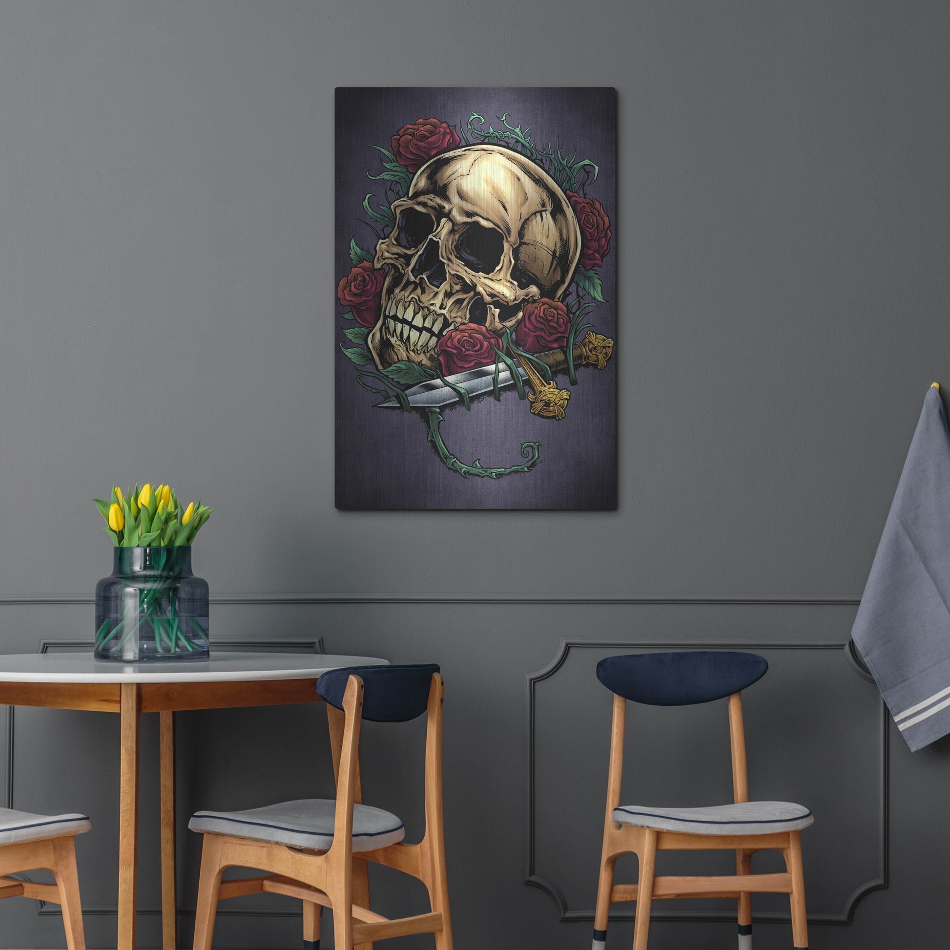 Luxe Metal Art 'Skull, Roses, And Dagger' by Flyland Designs, Metal Wall Art,24x36