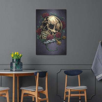 Luxe Metal Art 'Skull, Roses, And Dagger' by Flyland Designs, Metal Wall Art,24x36