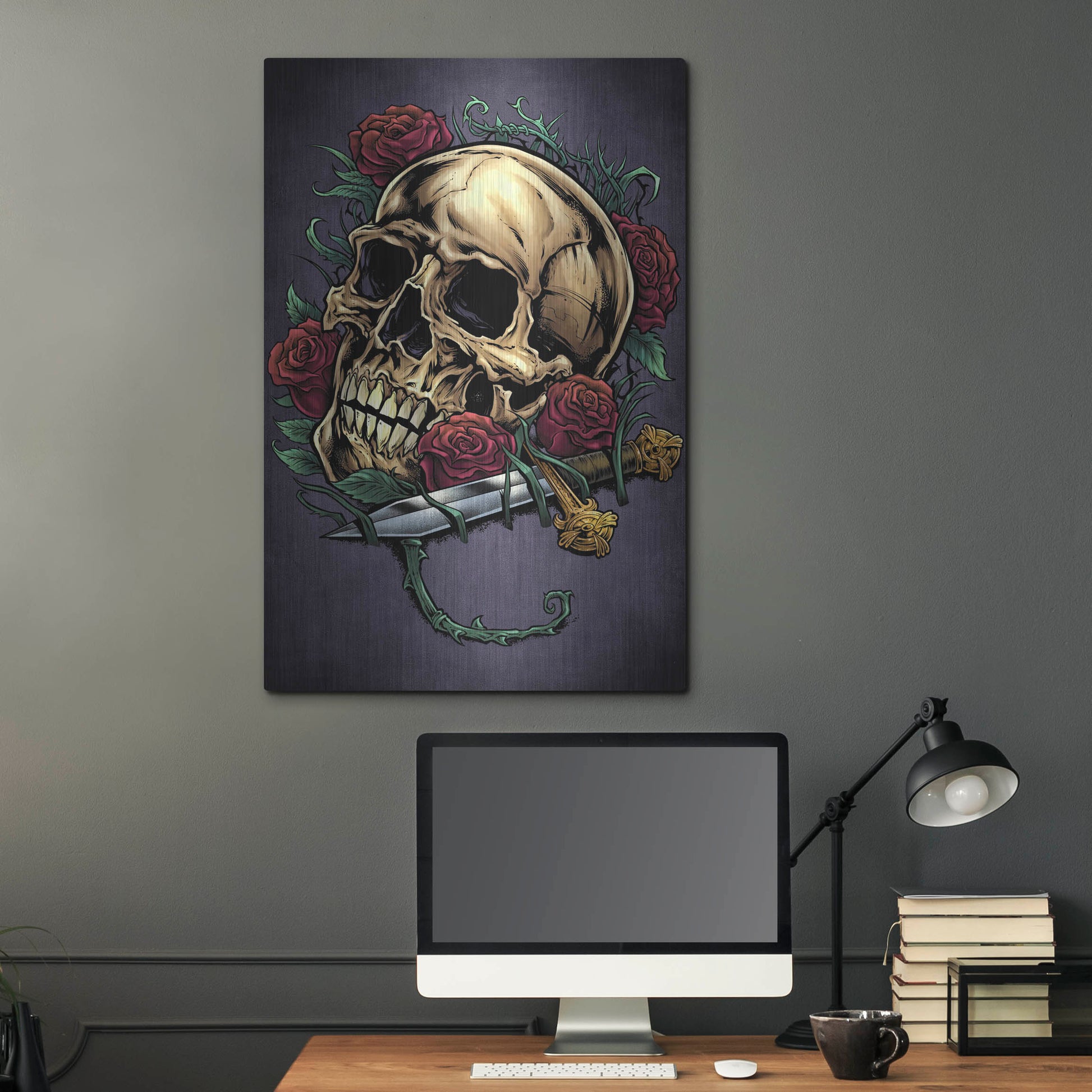 Luxe Metal Art 'Skull, Roses, And Dagger' by Flyland Designs, Metal Wall Art,24x36