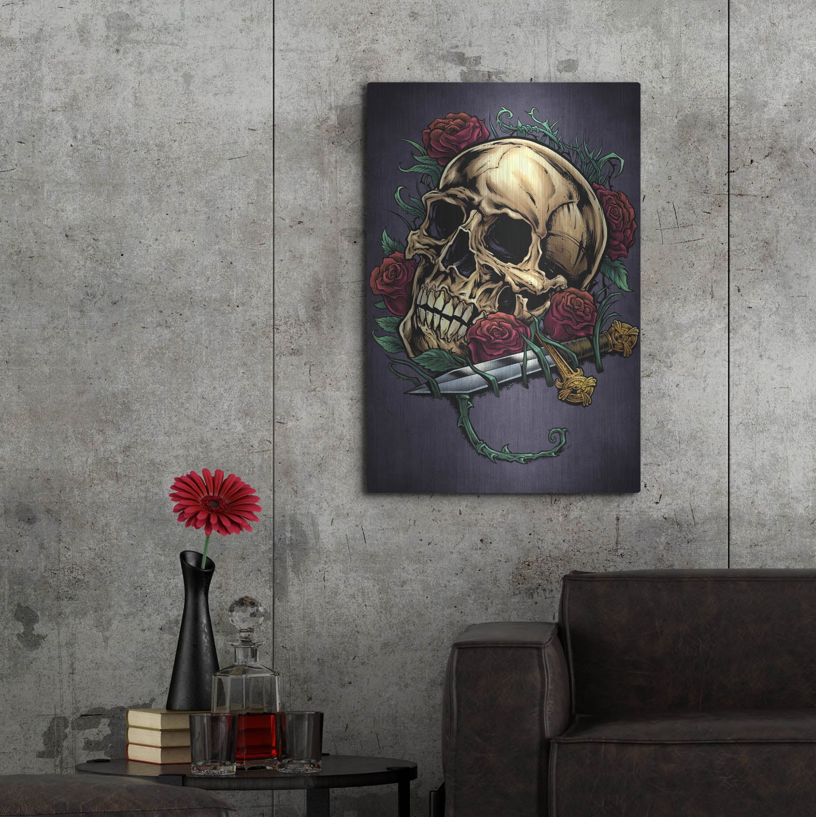 Luxe Metal Art 'Skull, Roses, And Dagger' by Flyland Designs, Metal Wall Art,24x36