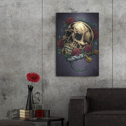Luxe Metal Art 'Skull, Roses, And Dagger' by Flyland Designs, Metal Wall Art,24x36