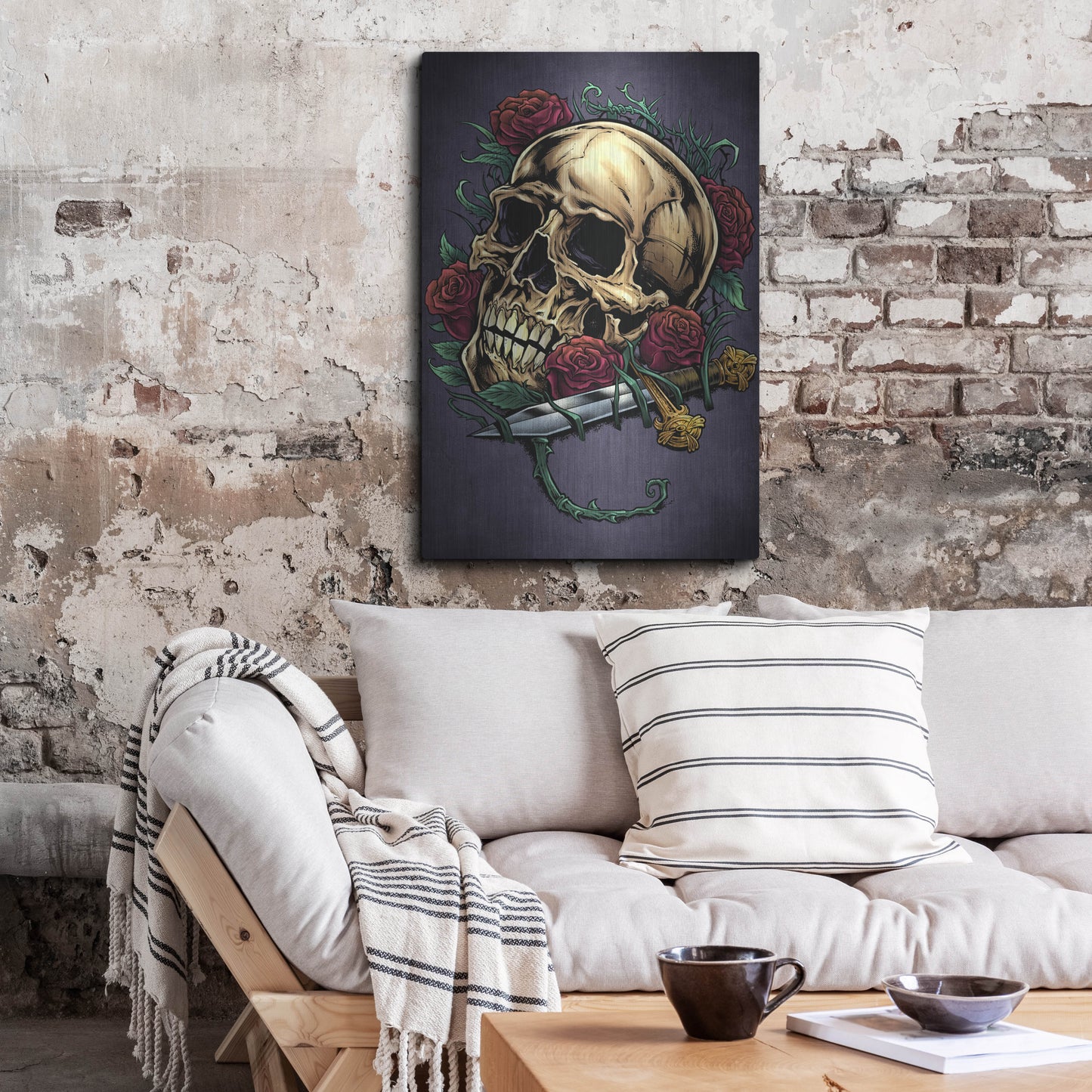 Luxe Metal Art 'Skull, Roses, And Dagger' by Flyland Designs, Metal Wall Art,24x36