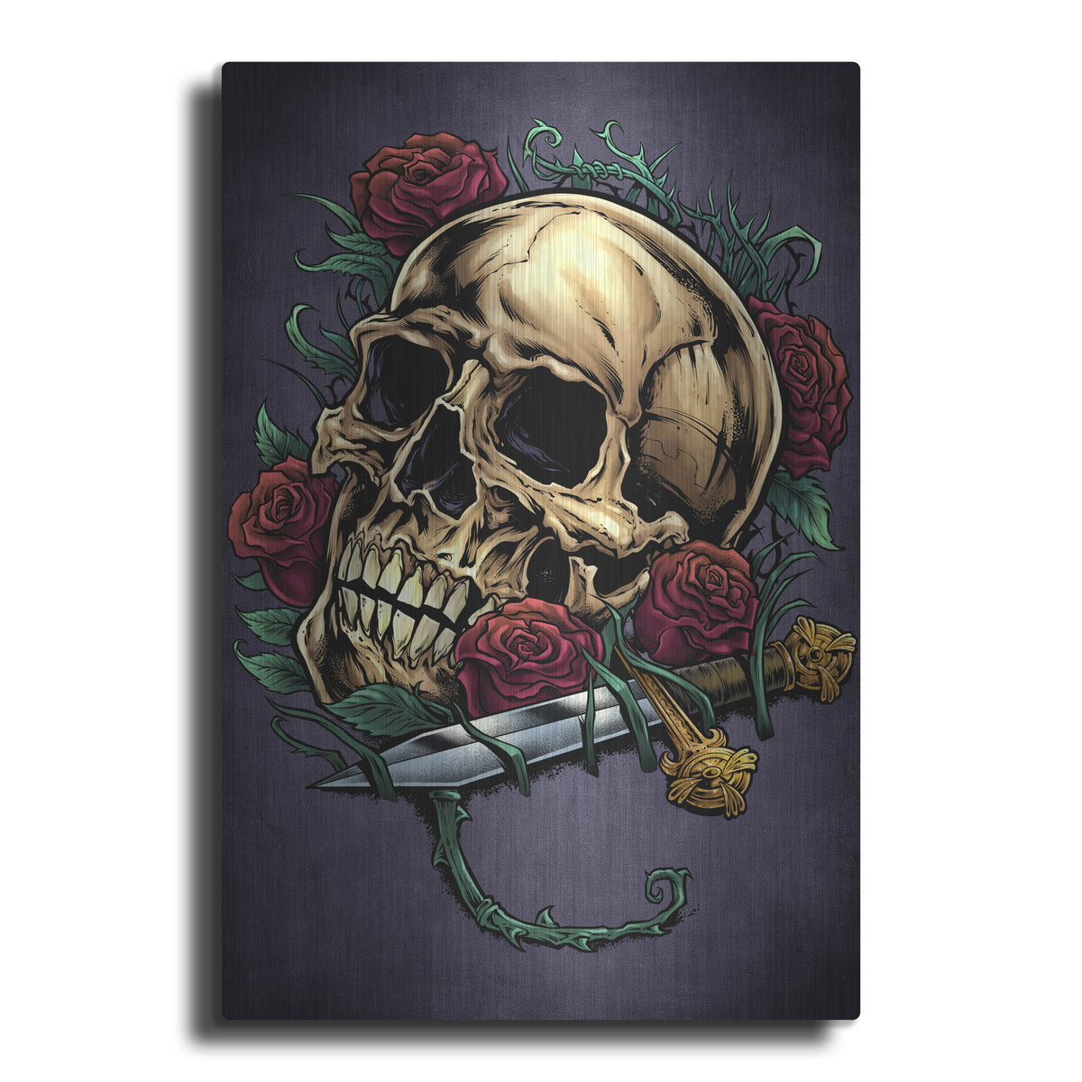 Luxe Metal Art 'Skull, Roses, And Dagger' by Flyland Designs, Metal Wall Art