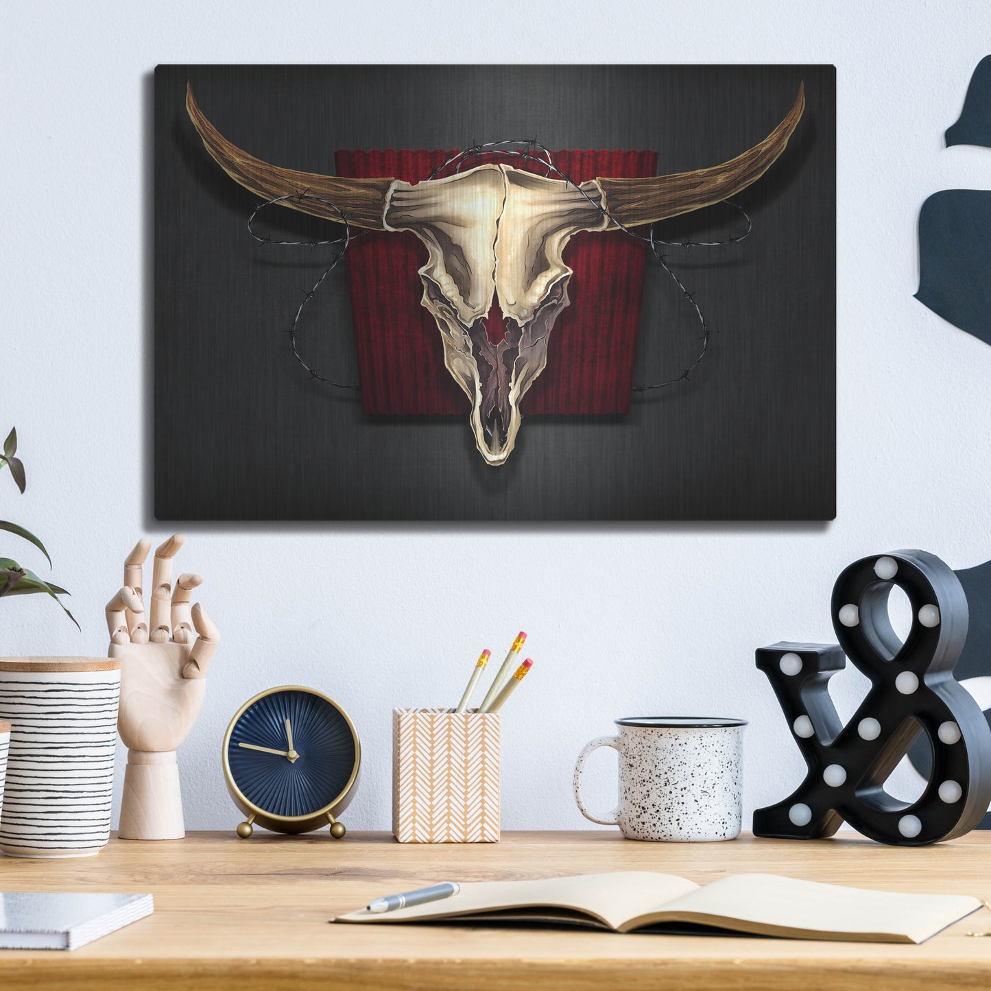 Luxe Metal Art 'Steer Skull 01' by Flyland Designs, Metal Wall Art,16x12