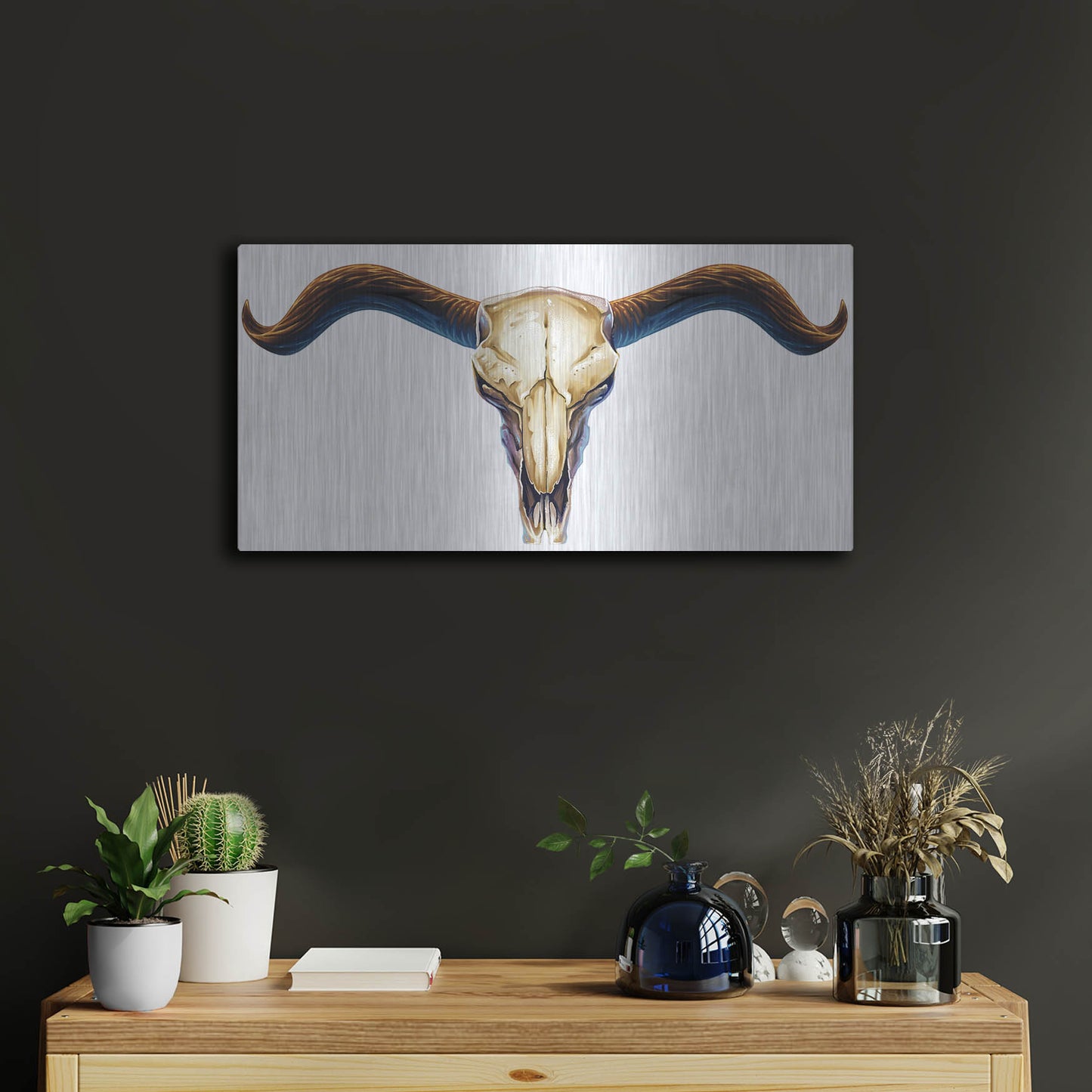 Luxe Metal Art 'Steer Skull 02' by Flyland Designs, Metal Wall Art,24x12